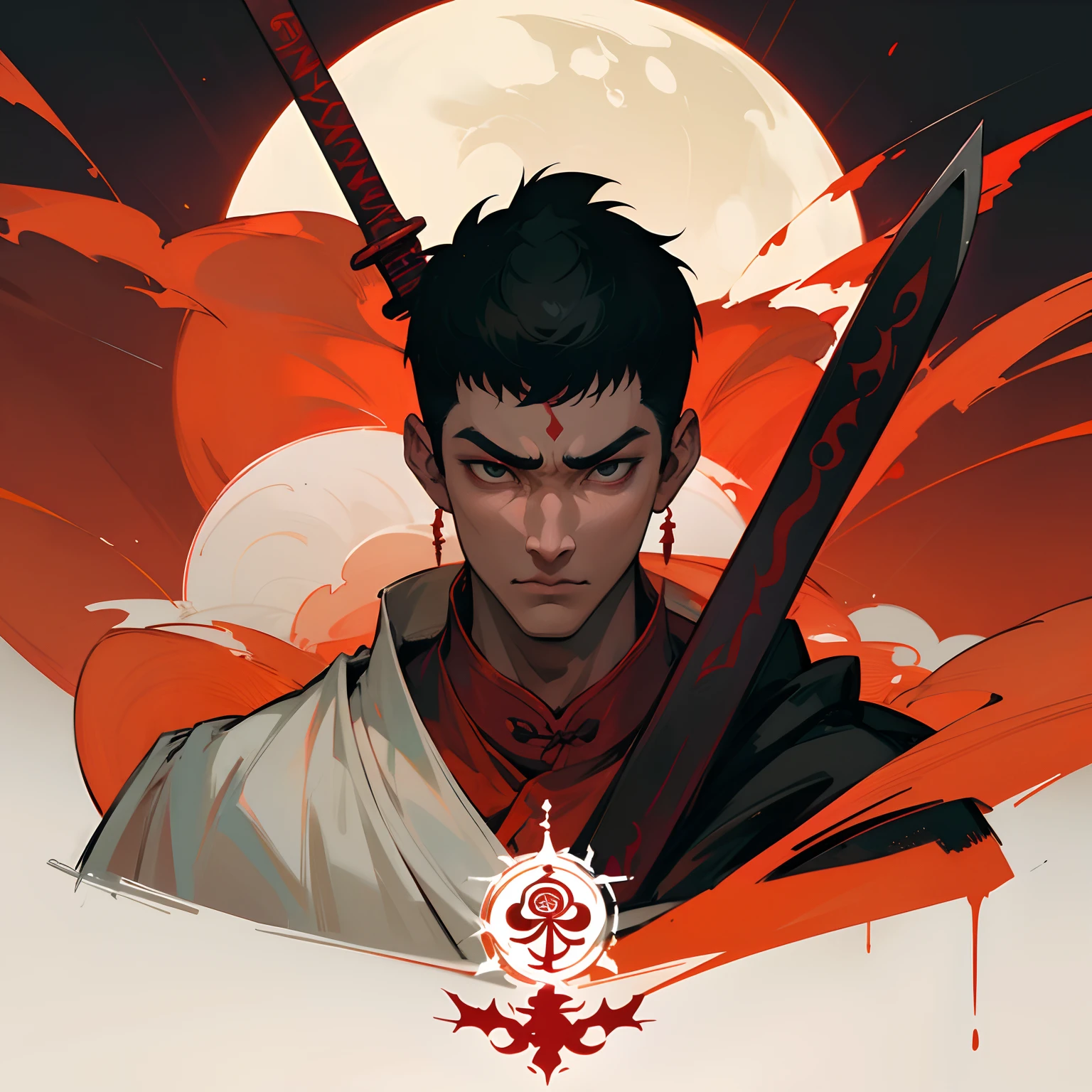 full bodyesbian　Zazen　Scars on the face　Chinese style　Man in a sword and a red robe, berserk art style, portrait of guts from berserk　Weapon Mandala