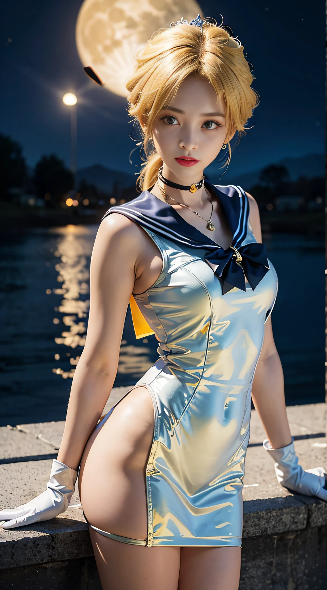 ((​masterpiece:1.4)、(top-quality:1.4)、(reallistic:1.7))、masuter piece:1.4、a beauty girl、(Sailor Moon:1.4)、Tsukino Usagi、Body Fit Sexy Sailor Senshi Uniform、(latex shiny)、(The jacket is a white sleeveless sailor suit)、(Skirt Blue Sexy Ultra Ultra Pleated Mini Skirt)、The collar of the sailor suit is blue with two thin lines.、high leg swimsuit、Red cloth ornament at chest、(Wearing white gloves)、Kawaii Girl、Super beauty、foco nítido、Portrait photos、(Perfect female body:1.4)、perfectly proportions、Upper body photography:1.4、beautiful countenance、beautidful eyes、Narrow waist、beauty legs、(yellow  hair:1.4)、(length hair:1.2)、Beautiful udder、large full breasts:1.2、Sexy ass、Raw photo、red-lips、Red high heels:1.4、a choker:1.4、a necklace:1.4、耳Nipple Ring:1.4、Luxurious Golden Tiara:1.4、1 screen display、a moon、kosmos、spaceships、A space station、City of the Future