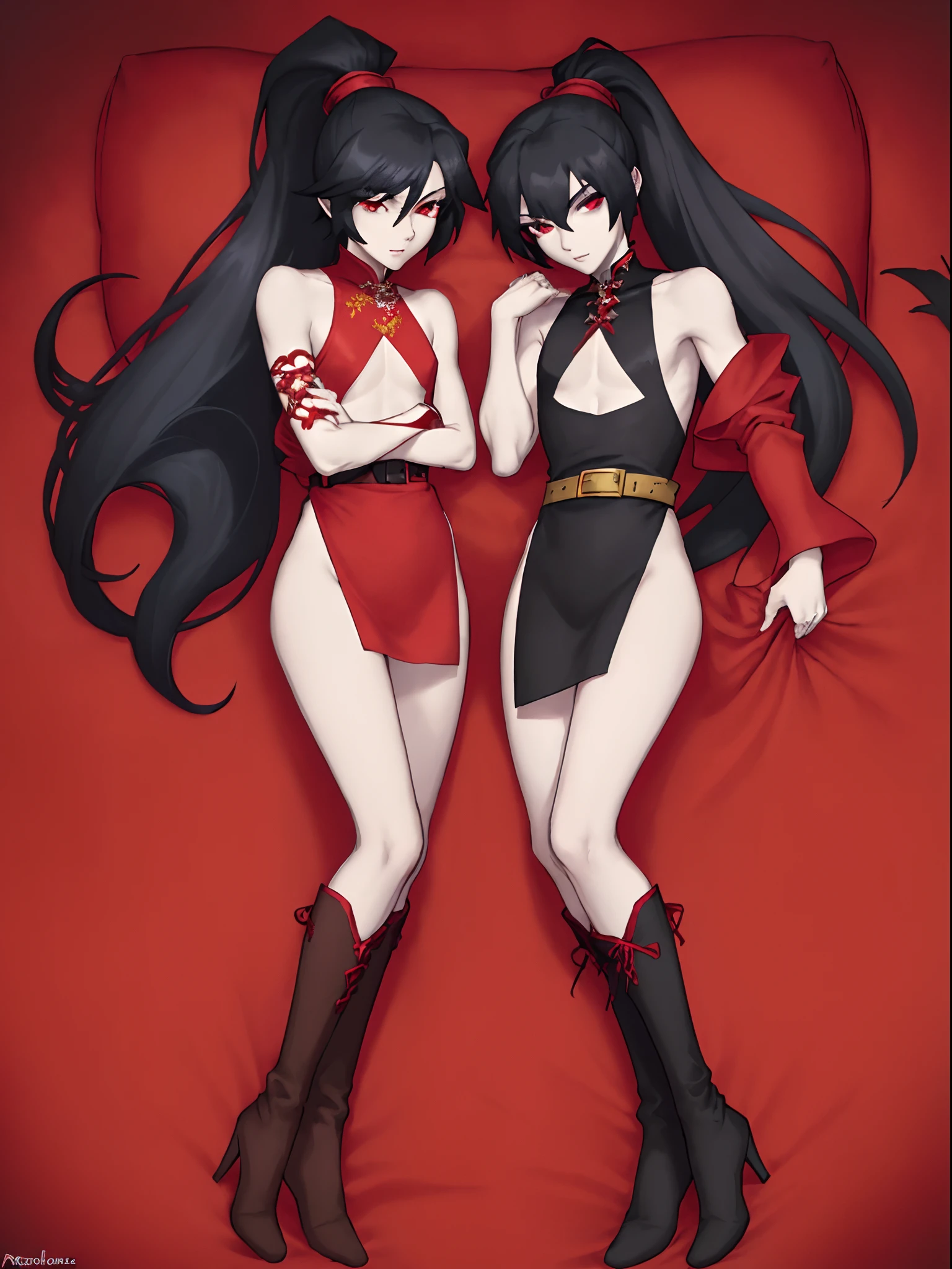 A character design with the theme of Chinese culture,Best Picture QualityHigh Detail 8K Resolution Boy Single Two-dimensional Day Man Colorful Black Long Hair High Ponytail Male,His hair was large and long,Dark red pupils,M bangs,There is waist-length hair on his temples,Slender and slender body,Wide shoulders, thin waist, long legs,Sick and weak villain skinny beautiful man,Cool white skin,Antique male,He wears a sleeveless tight top,Red loose off-the-shoulder long all-red hanfu,His waist was bound by a golden belt,The belt was hung with red jade pendants and tassels, as well as a money bag,The dark red clothes have a dark pattern of bronzing flowers,Red coat,Short boxer pants in black,There are black leg rings at the base of the legs,Black stockings to the middle of the thighs,Black high-heeled boots to the calf,Two-dimensional archaic male,Standing is cool and handsome,Handsome characters are painted,Dark red is the main body of the picture,rich background,Some feminine Chinese men,There are long red ribbons fluttering on the clothes,Chic and handsome