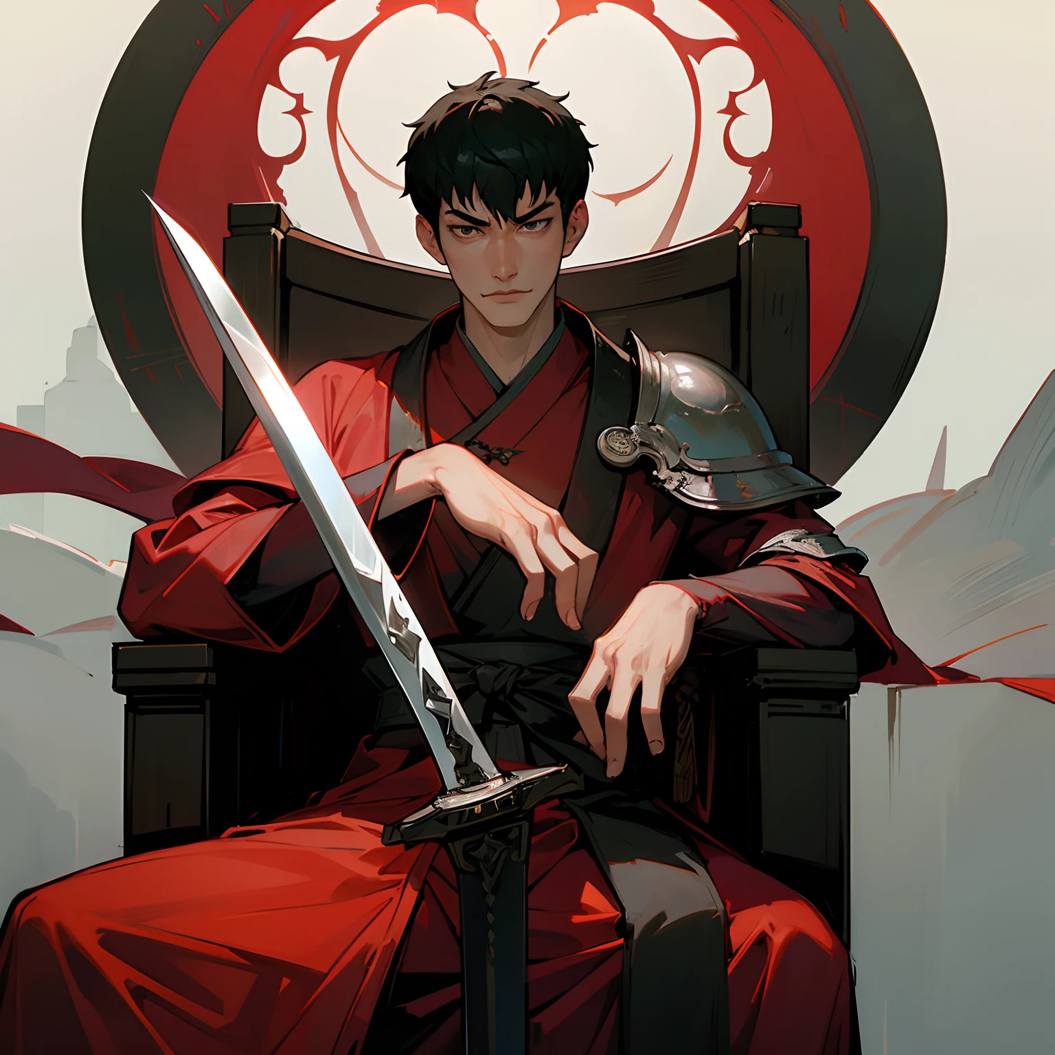 full bodyesbian sitting in a throne Scars on the face Chinese style Man in a sword and a red robe, berserk art style, portrait of guts from berserk Weapon Landscape