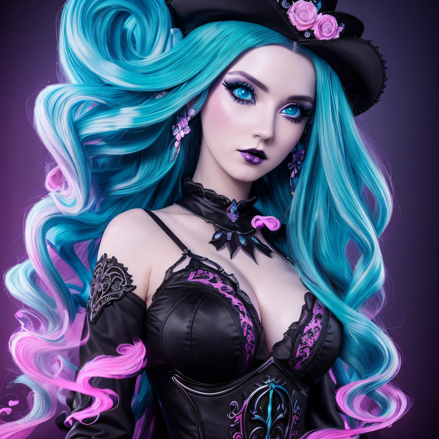 masterpiece, Amouranth as a goth girl with turquoise hair, wanting a kiss, Ultra Detailed, pink transparent smoke swirls around her, intricate and beautiful design, long black hair, highly detailed face, mesmerizing blue eyes, dark fantasy, dramatic lighting, cinematic lighting, ultra-realistic, highest quality, super detail