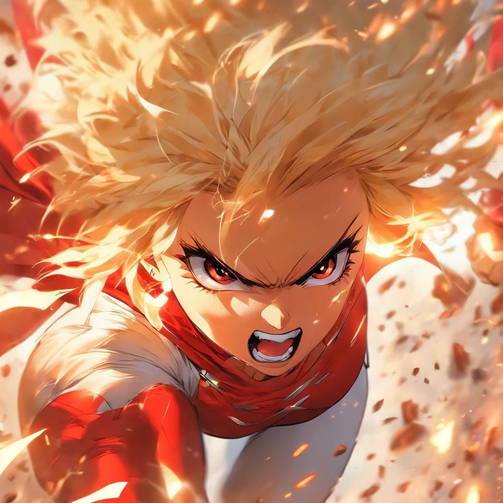 Female super hero with short blonde bob cut, going insane, angry, going berserk, muscular, wearing white and red outfit, wearing cape