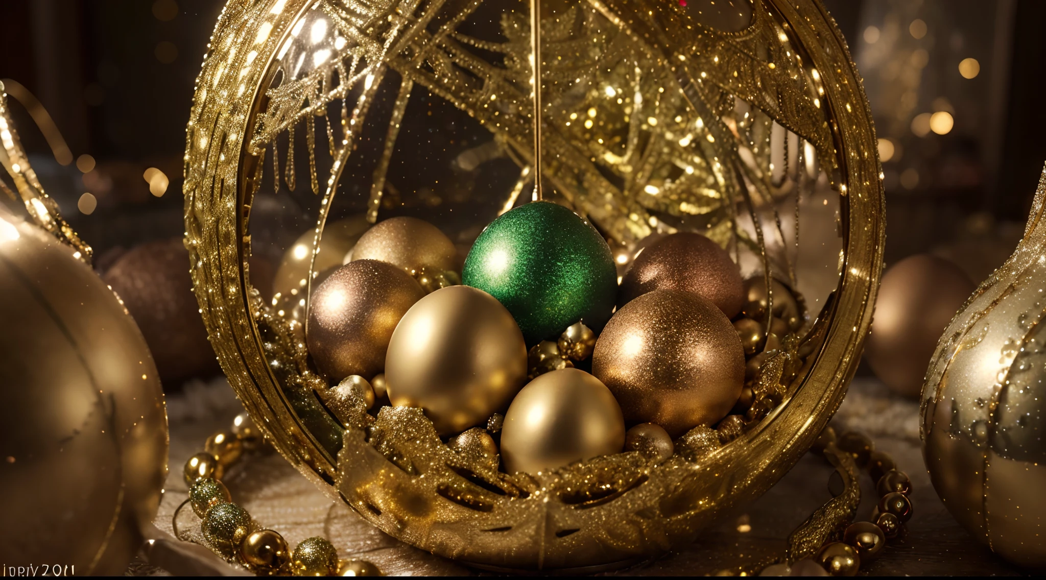 (best quality,4k,8k,highres,masterpiece:1.2),ultra-detailed,(realistic,photorealistic,photo-realistic:1.37), Earth-like planets hatching from golden, silver, and jewel-covered eggs arranged in mesmerizing fractal patterns. Multiple dimensions await as the eggs crack open, revealing stunning landscapes and ethereal beauty. Each planet adorned with Christmas-themed wonders, sparkling with holiday cheer. Warm, inviting lights illuminate the scene, casting a magical glow on the surroundings. Vibrant colors of red, green, and gold dominate the palette, creating a festive atmosphere. An extraordinary fusion of fantasy and Christmas magic, this artwork stands as a masterpiece, capturing the imagination and spreading Christmas joy through its every detail.
