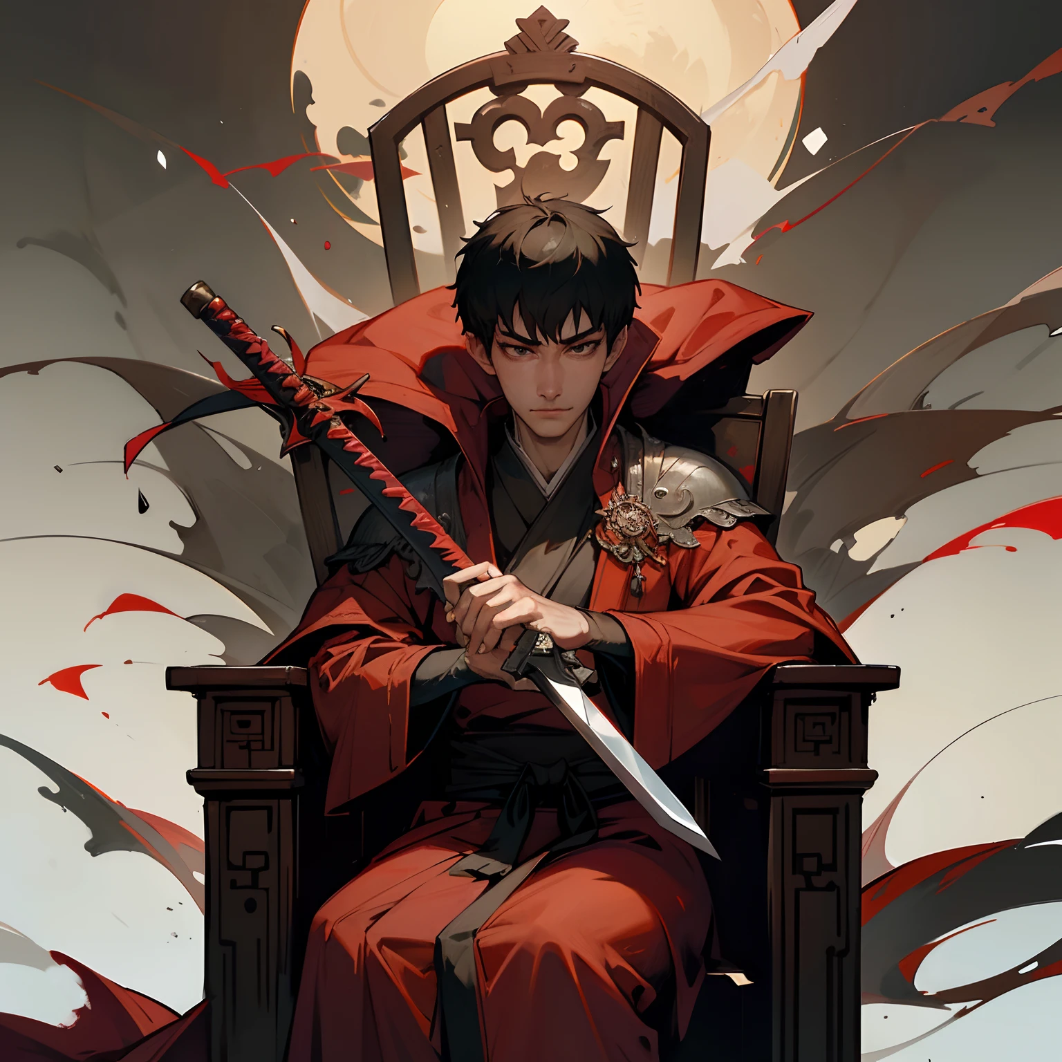sitting in a throne Scars on the face Chinese style Man in a sword and a red robe, berserk art style, portrait of guts from berserk,