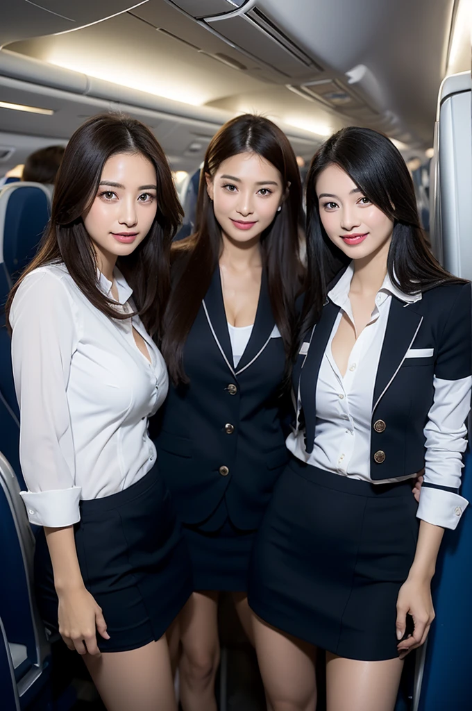 (best quality,4k),2 beautiful and sexy flight attendants, American Airlines uniforms, embracing, passionately kissing, detailed faces, shiny red lips, mesmerizing eyes, perfectly styled hair, elegant posture, confident smiles, professional disposition, high heels, cabin crew badges, polished accessories, luxurious cabin backdrop, dimmed cabin lights, soft romantic atmosphere, vibrant colors, cinematic composition, glamorous aesthetic.