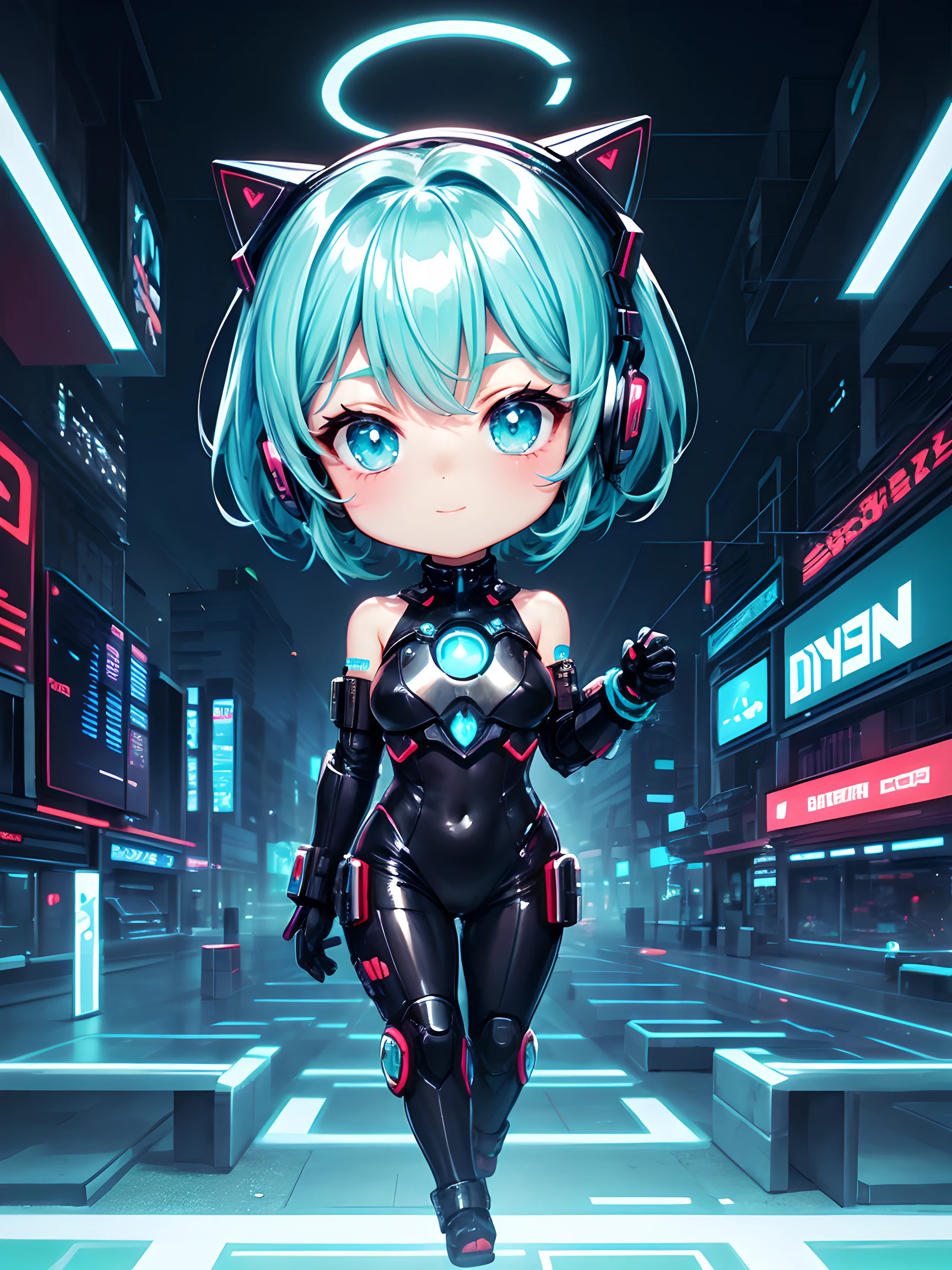 1girl in, android, Cyberpunk, Cyan hair, cyan eyes, Short hair, White breastplate, Black headphones, Mechanical black glossy metallic Bodysuit, Bare shoulders, Glossy, shiny material,chibi emote, chibi character, cyberpunk city,