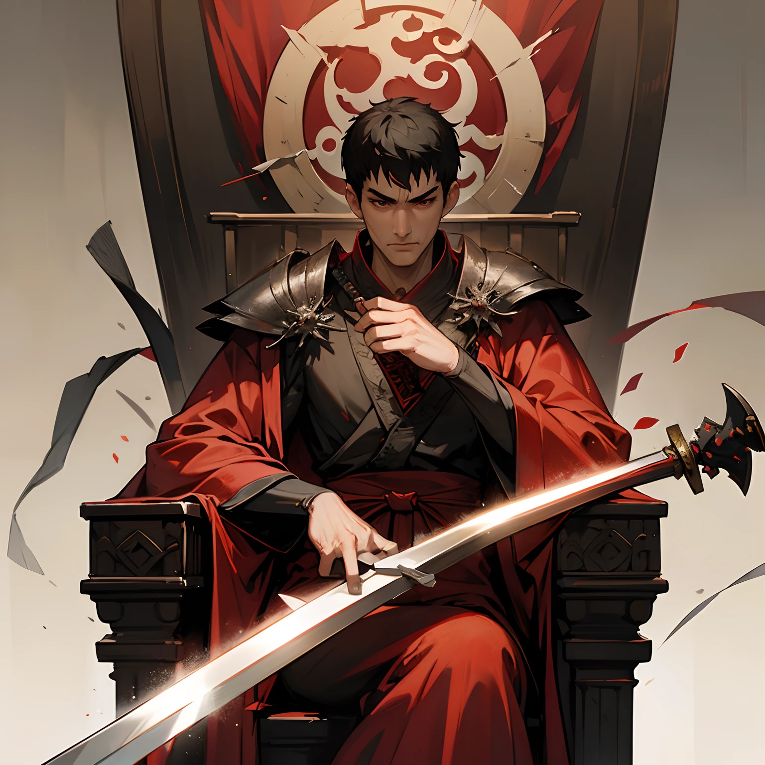 sitting in a throne　Scars on the face　Chinese style　Man in a sword and a red robe, berserk art style, portrait of guts from berserk,