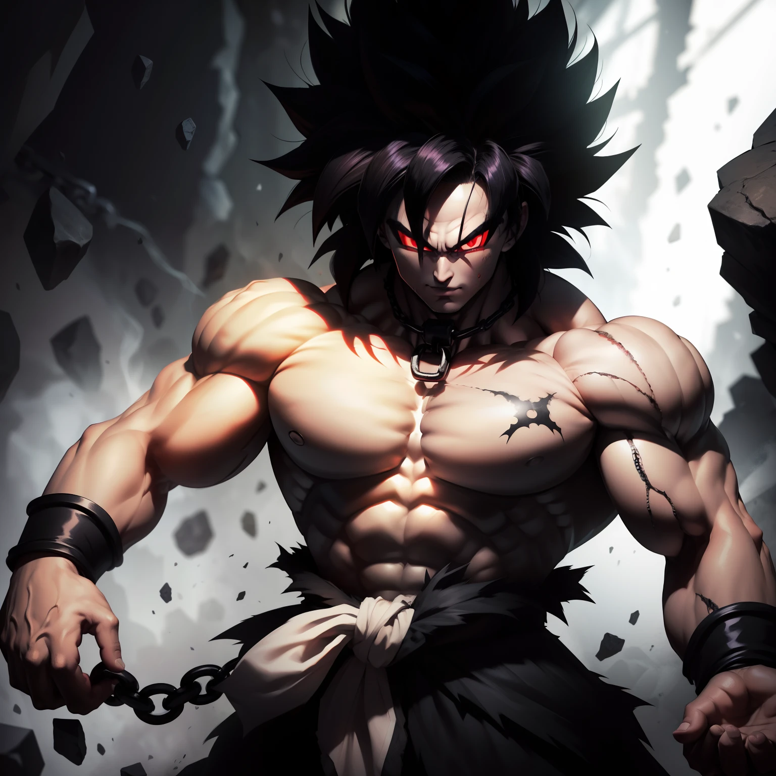 Male darkness in Hell, with red eyes, chains, sexy, strong, mainly, Broly, 1boy, closed mouth, male focus, muscular, muscular male, rock, sash, serious, solo, spiked hair, topless male, torn clothes, legendary super saiyan, black hair (masterpiece)