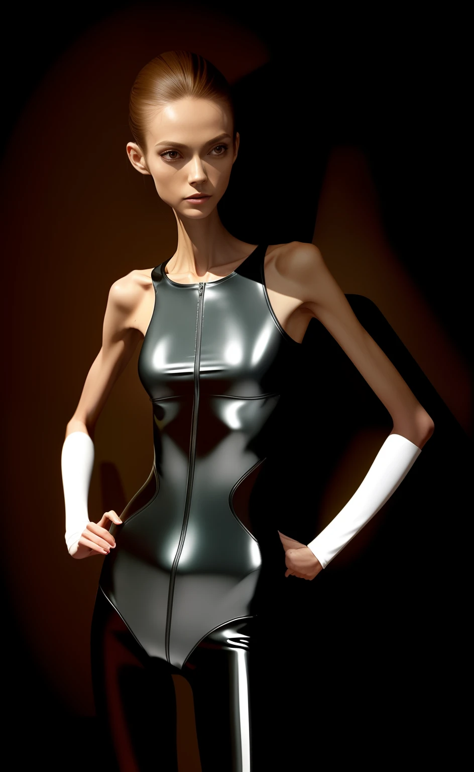Extremely skinny skinny woman, A thin body,Wear a one-piece skinny latex suit,Thin shoulders,The ribs are noticeable,The pelvis is visibly protruding,White skin of the,Thin shoulders,Very slender waist and leg expression,Extremely skinny,The abdomen is deeply sunken,short detailed hair,Haggard face