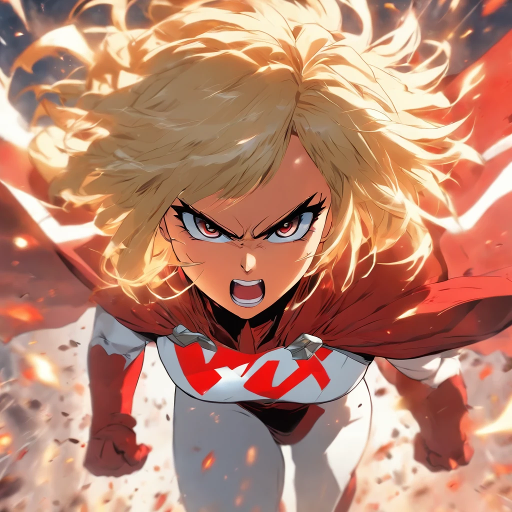 Female super hero with short blonde bob cut, going insane, angry, going berserk, muscular, wearing white and red outfit, wearing cape
