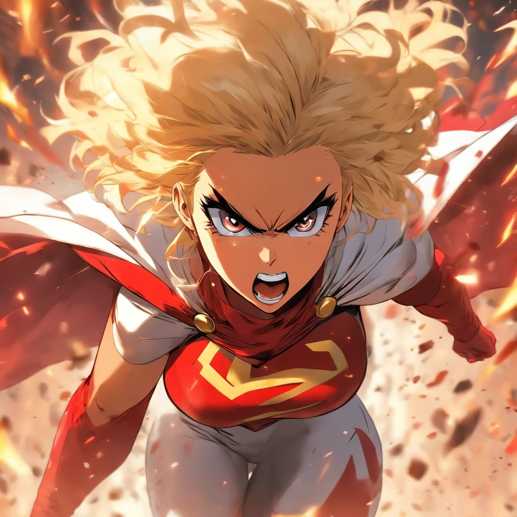 Female super hero with short blonde bob cut, going insane, angry, going berserk, muscular, wearing white and red outfit, wearing cape