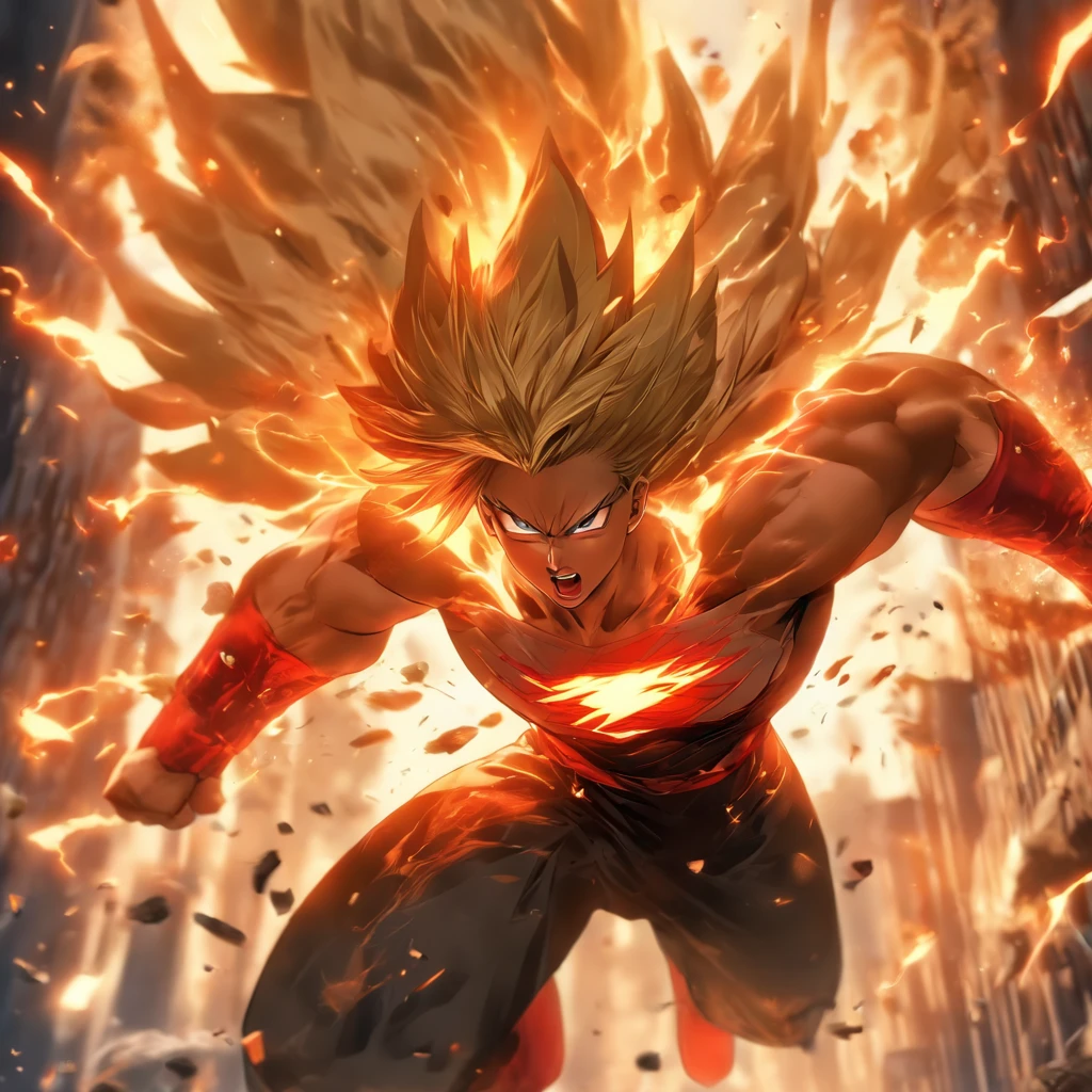 (best quality,4k,8k,highres,masterpiece:1.2),ultra-detailed,(realistic,photorealistic,photo-realistic:1.37),female super hero with short blonde bob cut,going insane,angry,going berserk,muscular,wearing white and red outfit,wearing cape,expressive eyes,strong jawline,powerful stance,hands in fighting gesture,dynamic pose,fierce facial expression,strands of hair flying in the wind,glossy red lips,ripped muscles,firm physique,determined look,powerful aura,dramatic lighting,strong shadows,dynamic composition,contrasting colors,action-packed scene,surrounded by debris and destruction,cityscape in chaos,buildings crumbling,smoke and dust in the air,fiery explosions,blazing background,adrenaline-filled,superhuman powers,energy surging through the body,emitting sparks and electricity,glowing eyes,endless energy,strong and vibrant colors,comic book style,bold lines,cell shading technique,brushstrokes fluidly depicting movement,heroic and epic atmosphere