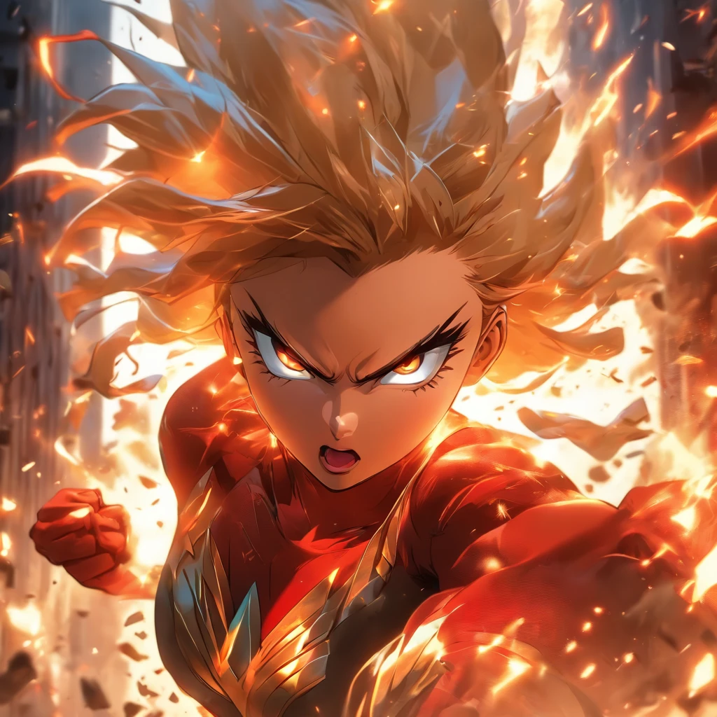 (best quality,4k,8k,highres,masterpiece:1.2),ultra-detailed,(realistic,photorealistic,photo-realistic:1.37),female super hero with short blonde bob cut,going insane,angry,going berserk,muscular,wearing white and red outfit,wearing cape,expressive eyes,strong jawline,powerful stance,hands in fighting gesture,dynamic pose,fierce facial expression,strands of hair flying in the wind,glossy red lips,ripped muscles,firm physique,determined look,powerful aura,dramatic lighting,strong shadows,dynamic composition,contrasting colors,action-packed scene,surrounded by debris and destruction,cityscape in chaos,buildings crumbling,smoke and dust in the air,fiery explosions,blazing background,adrenaline-filled,superhuman powers,energy surging through the body,emitting sparks and electricity,glowing eyes,endless energy,strong and vibrant colors,comic book style,bold lines,cell shading technique,brushstrokes fluidly depicting movement,heroic and epic atmosphere