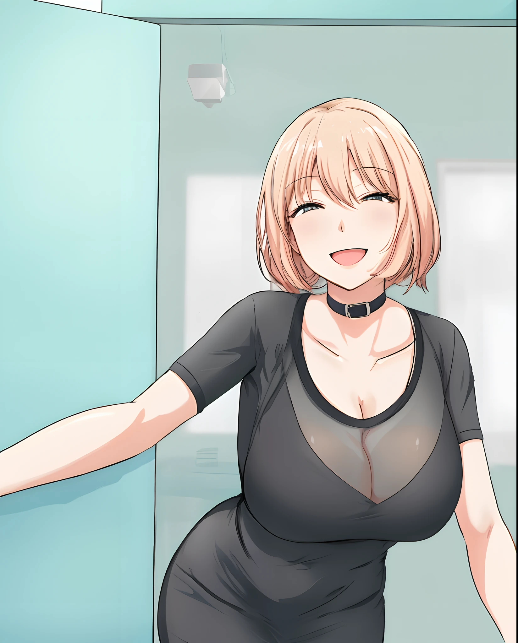 Garota anime no vestido preto posando em um quarto com uma parede azul, sorriso provocante, sorrindo lascivamente, She is grinning, anime sedutora, thicc, Garota Anime usando um vestido preto, cell shaded adult animation, revelando roupas, Anya, Spy X Family, Dicas de Yayoi Kasuma, sorrindo sedutoramente, she is smiling and excited, anime moe artstyle, (menina), garota sexy, garota sensual, olhos detalhados, muito bonita, anime semi realismo, garota com roupa transparente, roupa transparente, sensual, sexy