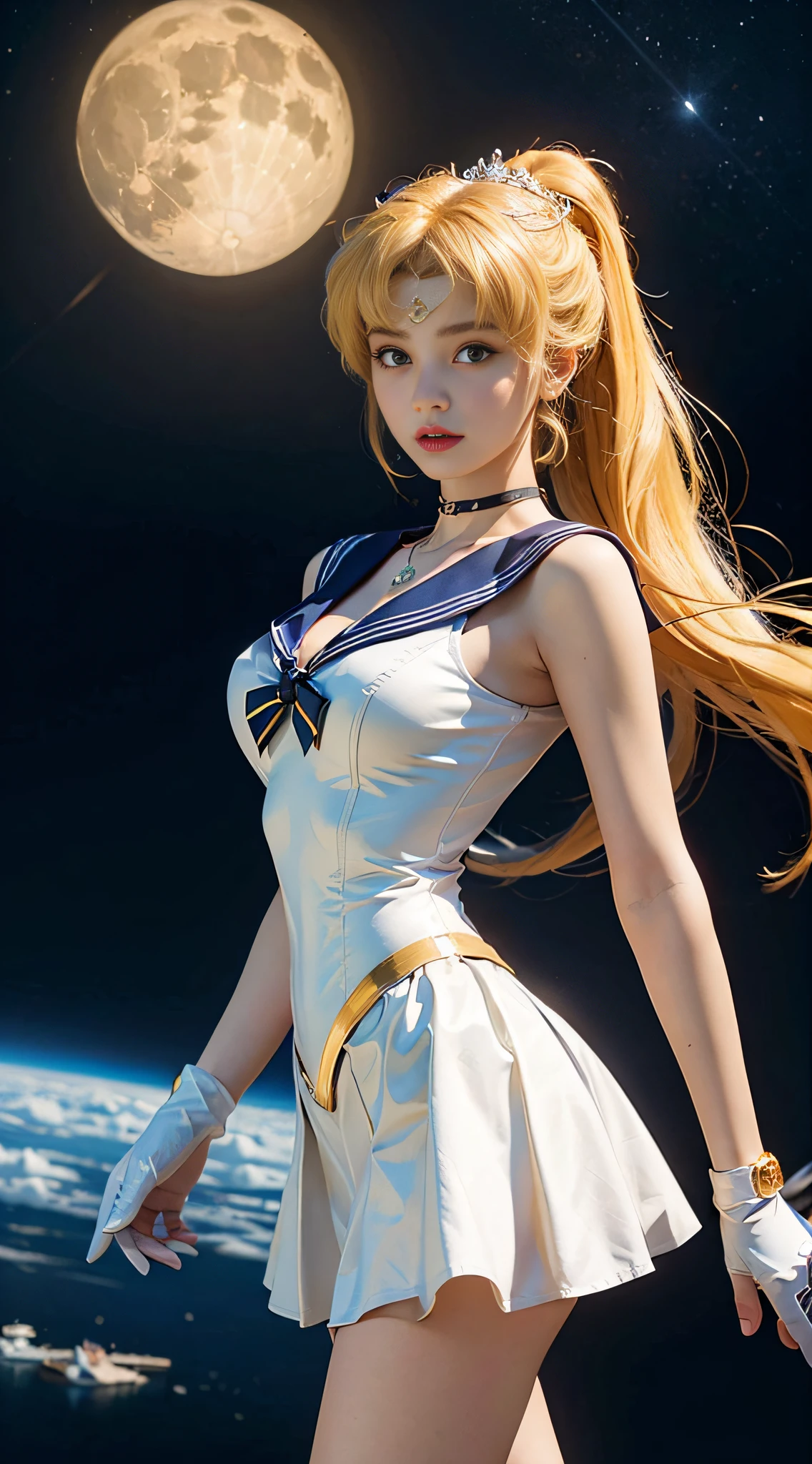 ((​masterpiece:1.4)、(top-quality:1.4)、(reallistic:1.7))、masuter piece:1.4、a beauty girl、(Sailor Moon:1.4)、Tsukino Usagi、Body Fit Sexy Sailor Senshi Uniform、(latex shiny)、(The jacket is a white sleeveless sailor suit)、(Skirt Blue Sexy Ultra Ultra Pleated Mini Skirt)、The collar of the sailor suit is blue with two thin lines.、high leg swimsuit、Red cloth ornament at chest、(Wearing white gloves)、Kawaii Girl、Super beauty、foco nítido、Portrait photos、(Perfect female body:1.4)、perfectly proportions、Upper body photography:1.4、beautiful countenance、beautidful eyes、Narrow waist、beauty legs、(yellow  hair:1.4)、(length hair:1.2)、Beautiful udder、large full breasts:1.2、Sexy ass、Raw photo、red-lips、Red high heels:1.4、a choker:1.4、a necklace:1.4、耳Nipple Ring:1.4、Luxurious Golden Tiara:1.4、1 screen display、a moon、kosmos、spaceships、A space station、City of the Future