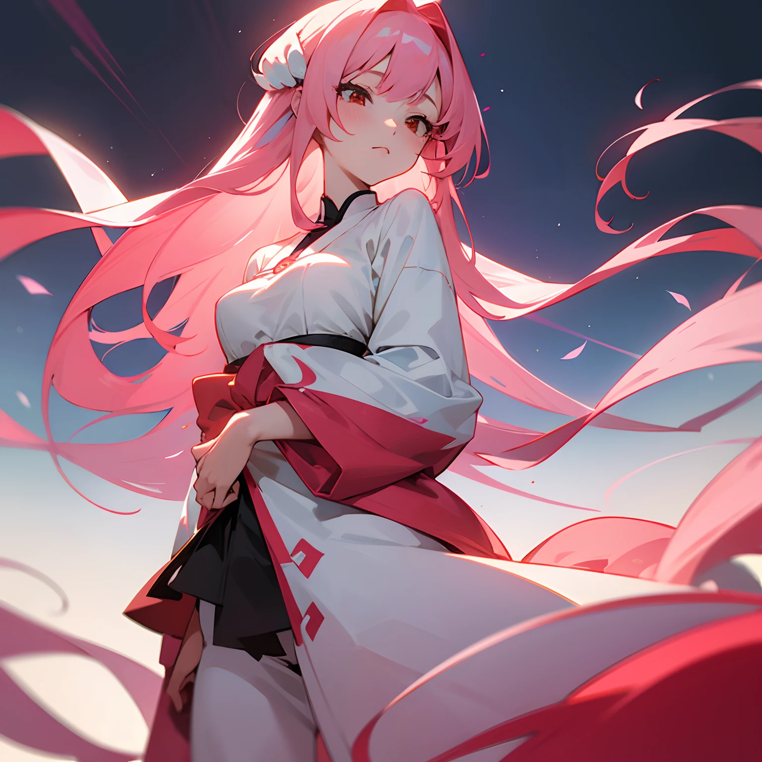 Zazen　frontage　full bodyesbian　Anime girl with long pink hair and white top and red and white outfit, anime goddess