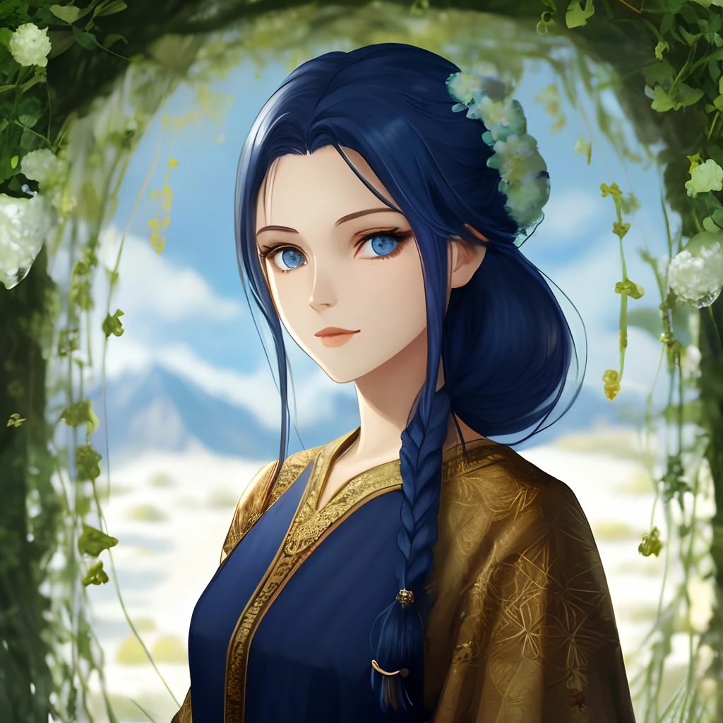 hello could you generate a female character with long navy blue hair , Blue Eyes Oceans , a pale complexion . portant une robe de fleur de pavot bleue de l'Himalaya