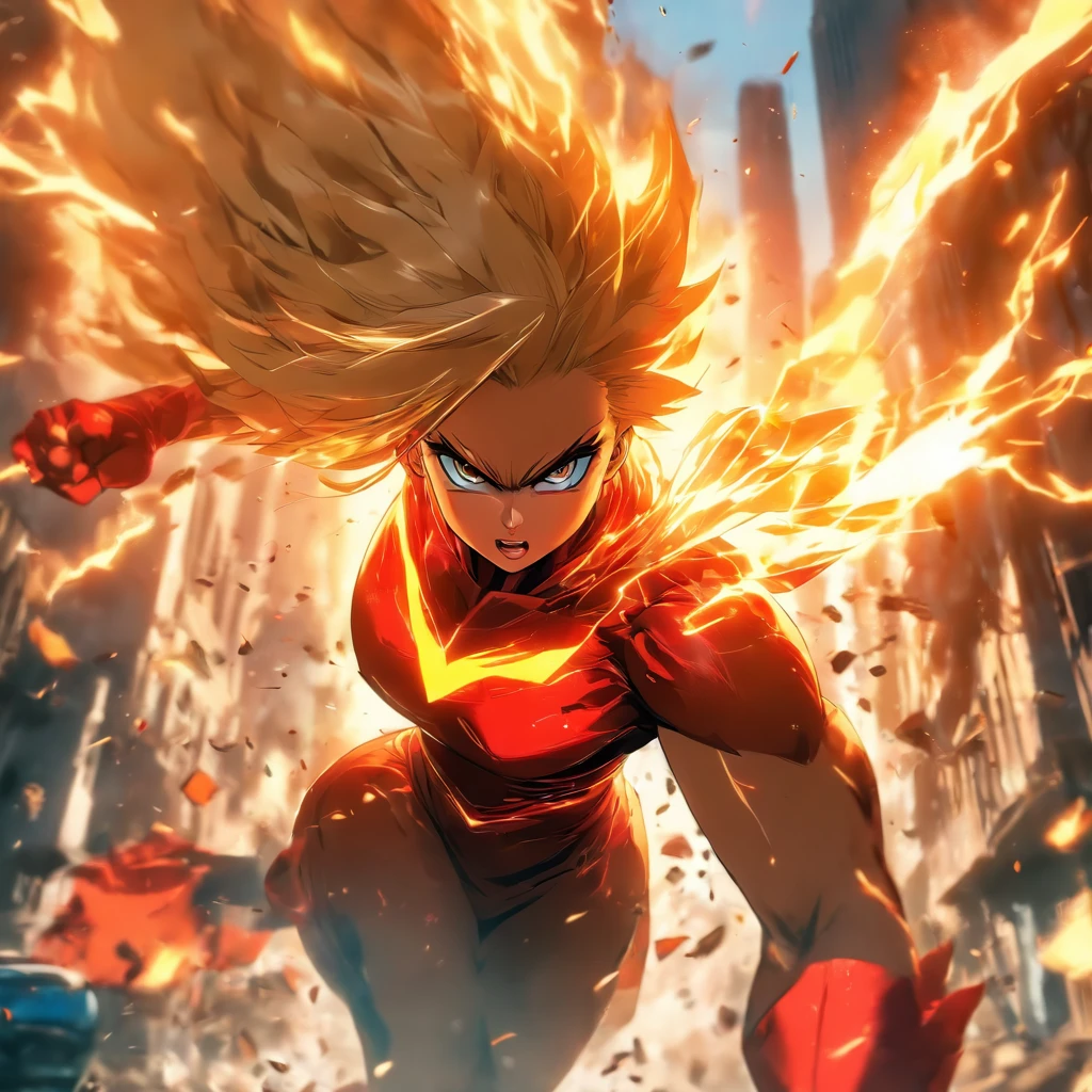 (best quality,4k,8k,highres,masterpiece:1.2),ultra-detailed,(realistic,photorealistic,photo-realistic:1.37),female super hero with short blonde bob cut,going insane,angry,going berserk,muscular,wearing white and red outfit,wearing cape,expressive eyes,strong jawline,powerful stance,hands in fighting gesture,dynamic pose,fierce facial expression,strands of hair flying in the wind,glossy red lips,ripped muscles,firm physique,determined look,powerful aura,dramatic lighting,strong shadows,dynamic composition,contrasting colors,action-packed scene,surrounded by debris and destruction,cityscape in chaos,buildings crumbling,smoke and dust in the air,fiery explosions,blazing background,adrenaline-filled,superhuman powers,energy surging through the body,emitting sparks and electricity,glowing eyes,endless energy,strong and vibrant colors,comic book style,bold lines,cell shading technique,brushstrokes fluidly depicting movement,heroic and epic atmosphere