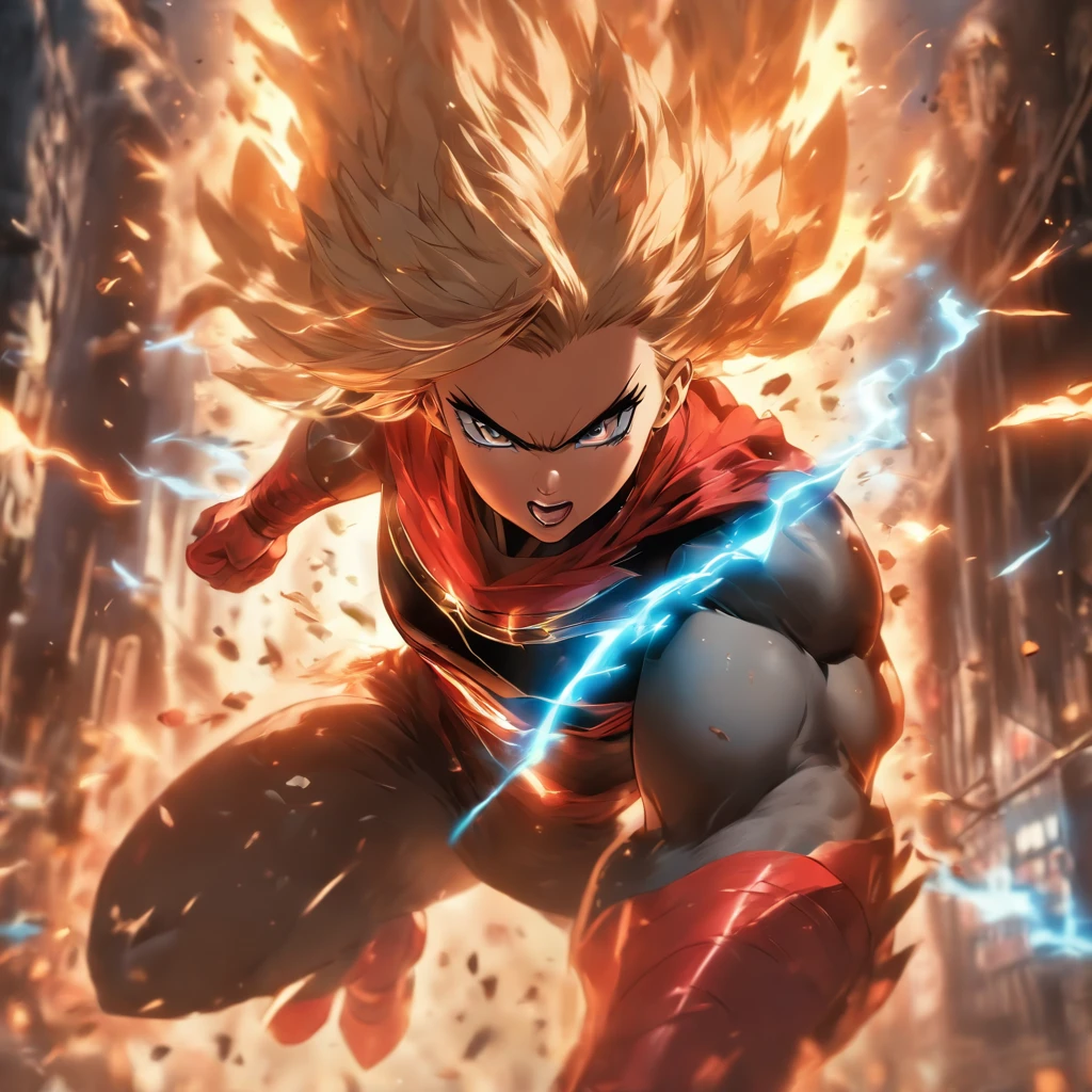 (best quality,4k,8k,highres,masterpiece:1.2),ultra-detailed,(realistic,photorealistic,photo-realistic:1.37),female super hero with short blonde bob cut,going insane,angry,going berserk,muscular,wearing white and red outfit,wearing cape,expressive eyes,strong jawline,powerful stance,hands in fighting gesture,dynamic pose,fierce facial expression,strands of hair flying in the wind,glossy red lips,ripped muscles,firm physique,determined look,powerful aura,dramatic lighting,strong shadows,dynamic composition,contrasting colors,action-packed scene,surrounded by debris and destruction,cityscape in chaos,buildings crumbling,smoke and dust in the air,fiery explosions,blazing background,adrenaline-filled,superhuman powers,energy surging through the body,emitting sparks and electricity,glowing eyes,endless energy,strong and vibrant colors,comic book style,bold lines,cell shading technique,brushstrokes fluidly depicting movement,heroic and epic atmosphere