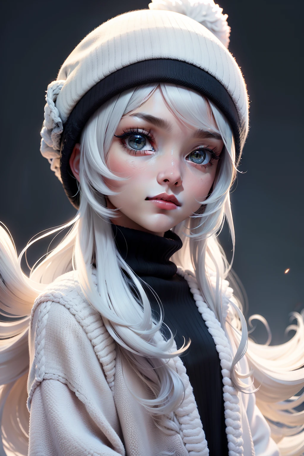 Estilo 3DMM, (obra-prima, qualidade superior, melhor qualidade, arte oficial, handsome and aesthetic: 1.2), (arte fractal: 1.3), 1girl, bonito, alto detalhado, cabelo branco com um toque avermelhado, olhos vermelho, dark ilumination, serious face, looking at the sky, heaven, medium shot, black sweater, joias