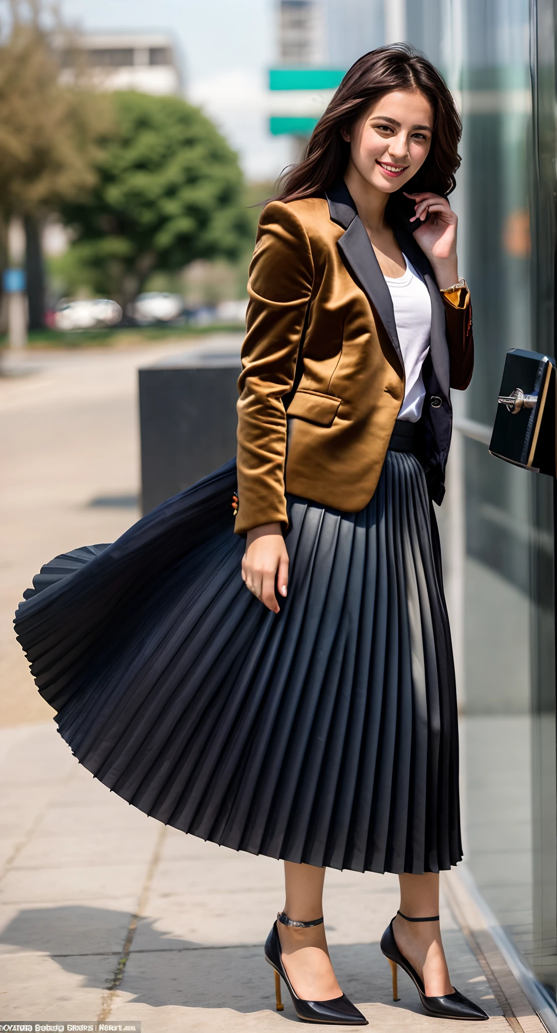 (shy:1,3) smiling woman playing with skirt, dancing, wearing short blazer and very very detailed (long (fully pleated) full circle skirt) and (simple) low heeled office shoes, very very intricate hyper-detailed symmetric (attractive graceful young feminine face) with (sad, tired eyes and a shy smile), large breasts, full of empathy and compassion and love, (pronounced (feminine) features), (highly detailed ultra accurate realistic) hands and fingers, (windy conditions and wind blowing), epic composition, highly detailed attributes, highly detailed space station background, (35mm f1.4 Kodak portra 400 photograph), extremely high quality RAW photograph,