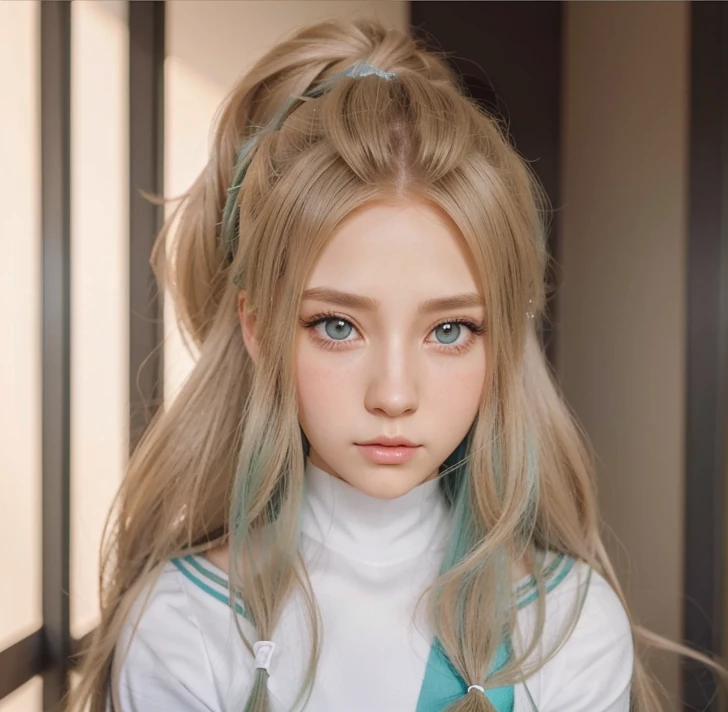 a close up of a woman with long hair wearing a white , blue , green  outfit , realistic anime 3 d style, realistic young anime girl, stunning anime face portr