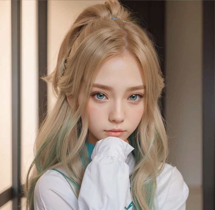 a close up of a woman with long hair wearing a white , blue , green outfit , realistic anime 3 d style, realistic young anime girl, stunning anime face portr