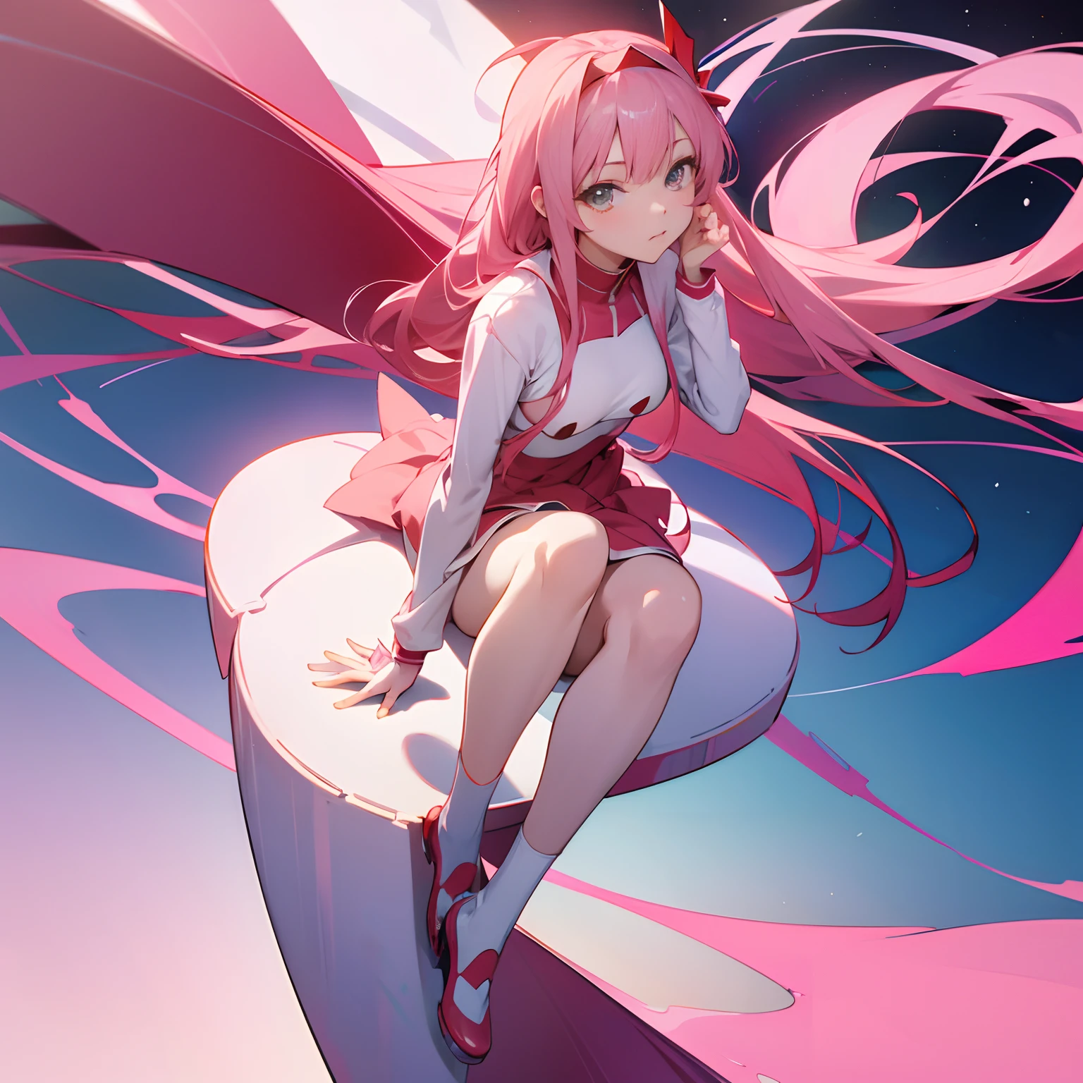 Sit up Anime girl with pink hair and white top and red and white outfit, best anime 4k konachan wallpaper, Zero Two, anime goddess, Detailed Digital Anime Art, anime style 4 k,