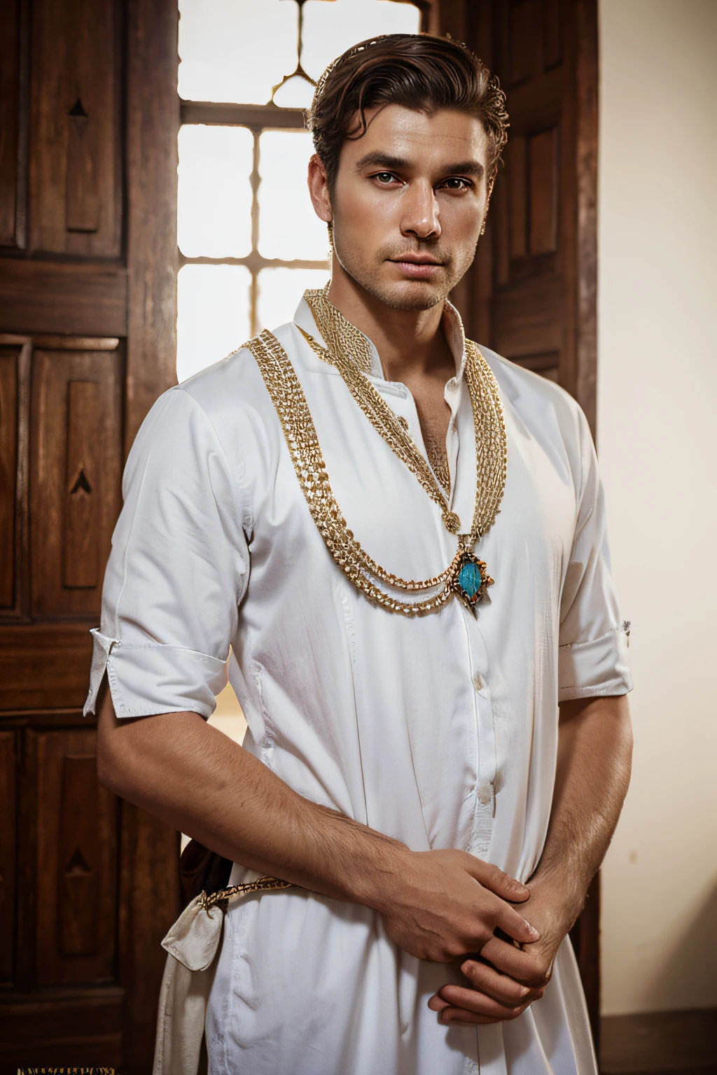 Photography, realistic, portrait, king, mystic, Southeastern Brazil, white, caucasian, male, man, beardless, short hair, royal garment, rich, thin