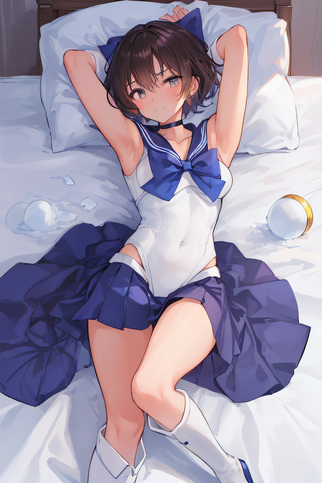 masterpiece, top-quality, hight resolution, 8K, Hi-Res, ultra-detailliert, 1girl in, (Anatomically correct), Full limbs, complete fingers, Slender 18 year old beautiful active girl, Brown-eyed, Slender eyes, A dark-haired, extra very short hair, (Black skin:1.2), (Sailor Moon: 1.3), (white leotard), (Blue sailor color), the bow, (Over-the-knee boots:1.1), a choker, (white glove), Blue choker, (elbowgloves), (a blue skirt), sole, (Lying in bed), A smile, High school students, Full body like, Bust 86, Waist 58, Hip 88, (full of sweat), (Put your hands behind your head, Show the armpits:1.28), (Tempered body, Toned body, Split abs:1.1), (Sexy Posing)