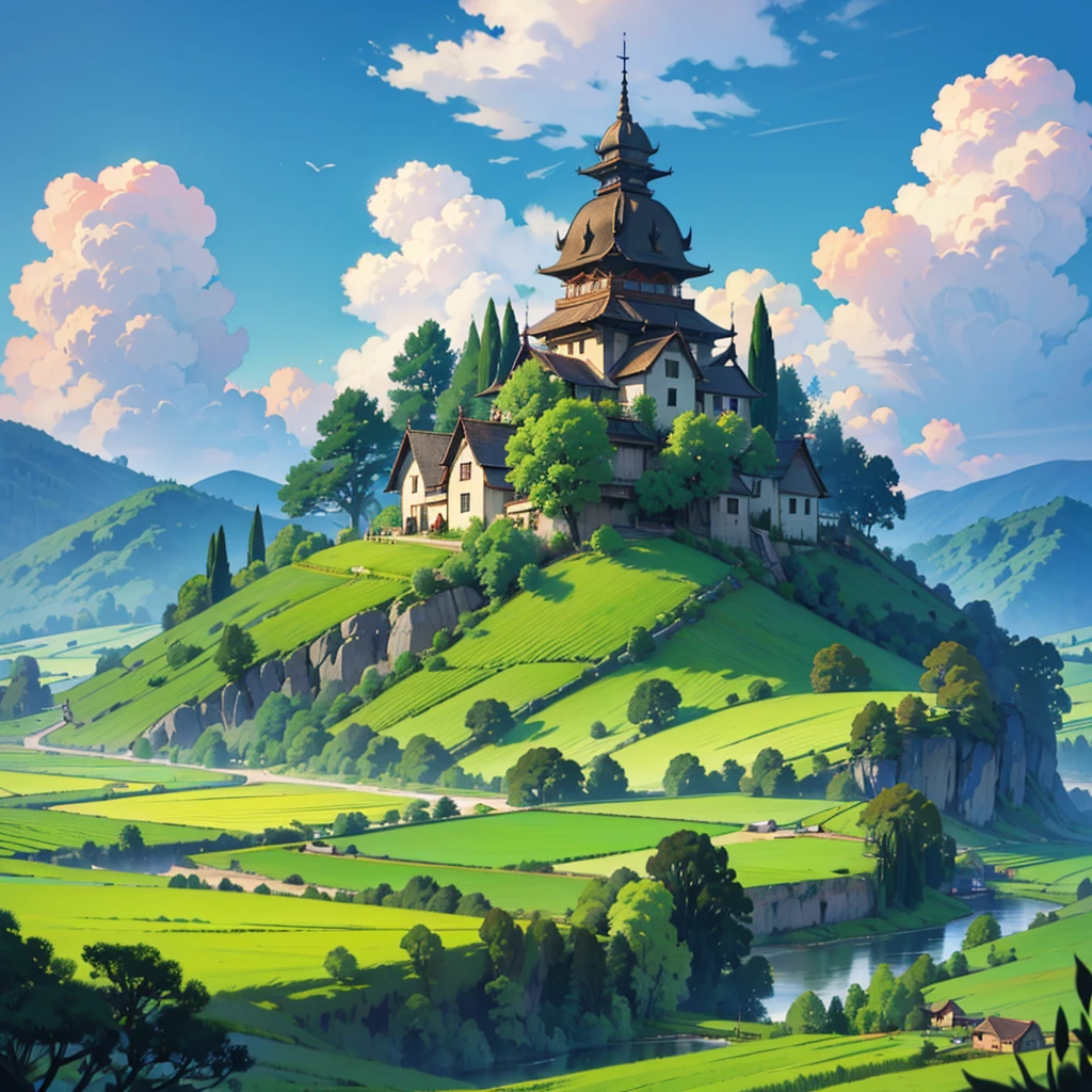 Indonesian medieval farm field, magic hour, indonesian farmer, vegetables, fruits, corps, scenery, beautiful anime scene, anime sky, healing, relaxation, relax, peace of mind, fantastical, photorealistic, masterpiece, best quality, sharp focus, 4k