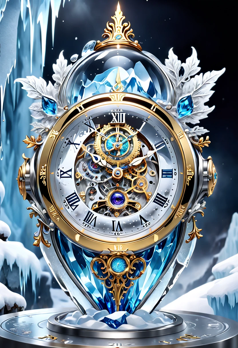 (8K, 16k, Award-winning, Highest quality, Highest resolution, Super detail, High detail, Anatomically correct, Masterpiece, Stunning beauty), (metal ring: 1.3), A smart clock inside an icicle , Smart Clock, delicate craftsmanship , Legendary Smart Clock, Rare and precious, Intricate details, Smart clocks are made of a metal called ice, There are no gemstones, (Ancient characters are engraved on the inside of the smart clock: 1.2), Impeccable, Platinum, White, Gold and silver, Trapped in a world of ice and snow.