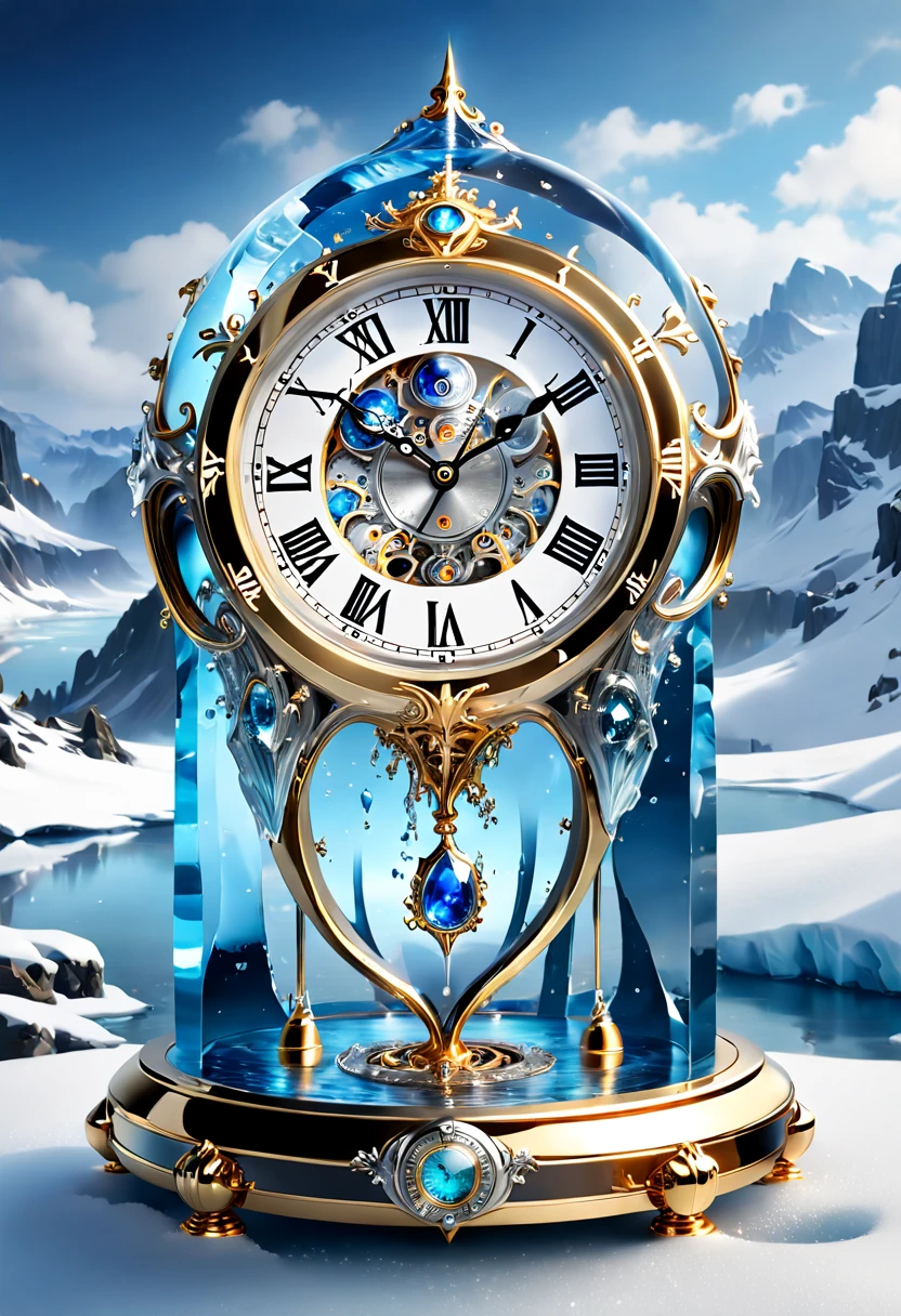 (8K, 16k, Award-winning, Highest quality, Highest resolution, Super detail, High detail, Anatomically correct, Masterpiece, Stunning beauty), (metal ring: 1.3), A smart clock inside an icicle , Smart Clock, delicate craftsmanship , Legendary Smart Clock, Rare and precious, Intricate details, Smart clocks are made of a metal called ice, There are no gemstones, (Ancient characters are engraved on the inside of the smart clock: 1.2), Impeccable, Platinum, White, Gold and silver, Trapped in a world of ice and snow.