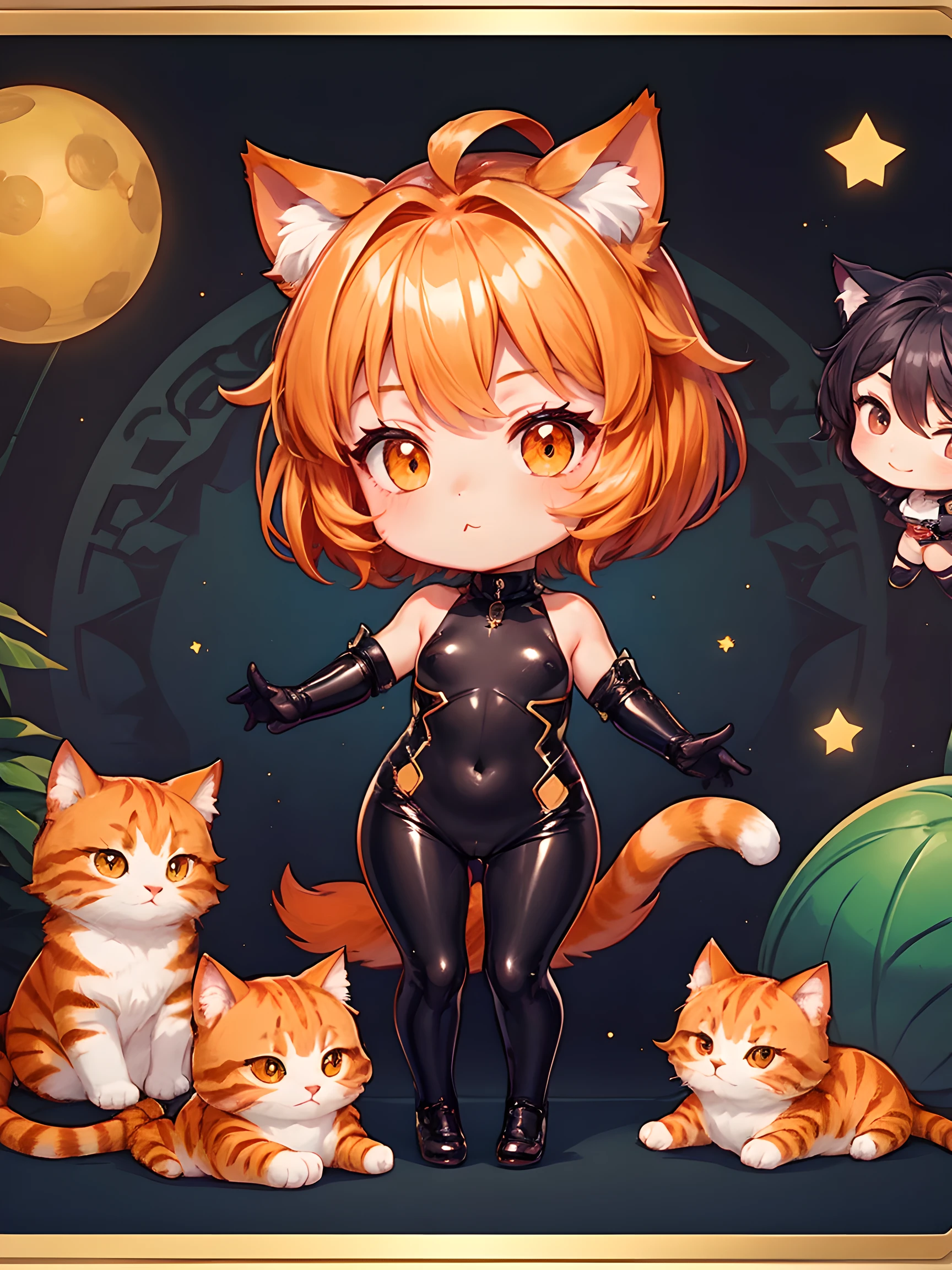 1girl in, cat girl, fantasy, orange hair, orange eyes, bob hair, orange cat ear, Mechanical black glossy metallic Bodysuit, Bare shoulders, Glossy, shiny material, chibi emote, chibi character, fantasy  village,