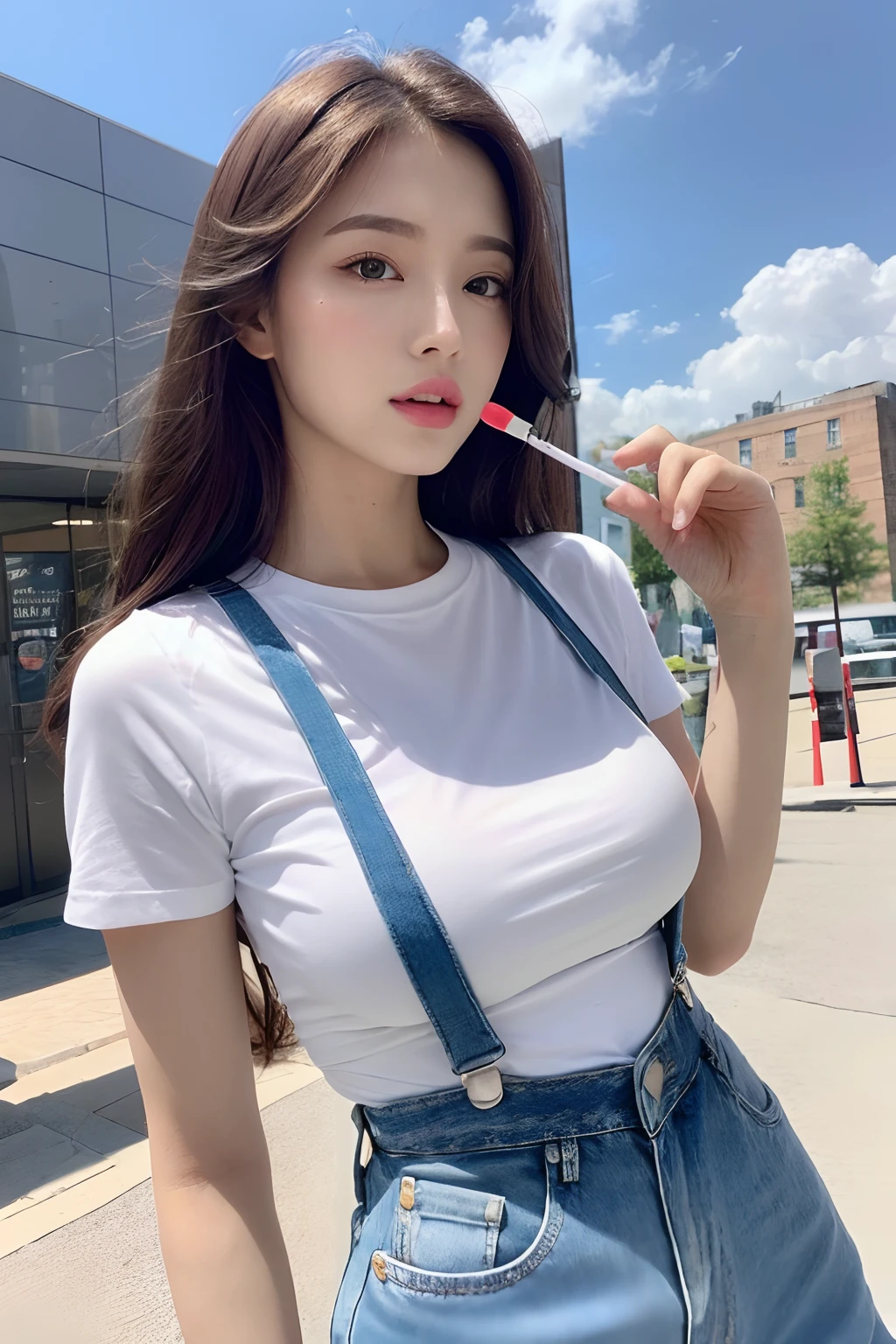 (Daytime, Excellent, 8K, Masterpiece:1.3)), Full body, Long legs, Focal length: 1.2, Perfect Body Beauty: 1.4, Slim Abs: 1.1, ((Dark Brown Hair, Big Breasts: 1.2 )), (White Skinny T-shirt, Denim Suspenders, Standing: 1.2), ((City, Blue Sky and White Clouds: 1.3)), Highly detailed face and skin texture, Detailed eyes, Double eyelids, Flying long hair, holding a lollipop