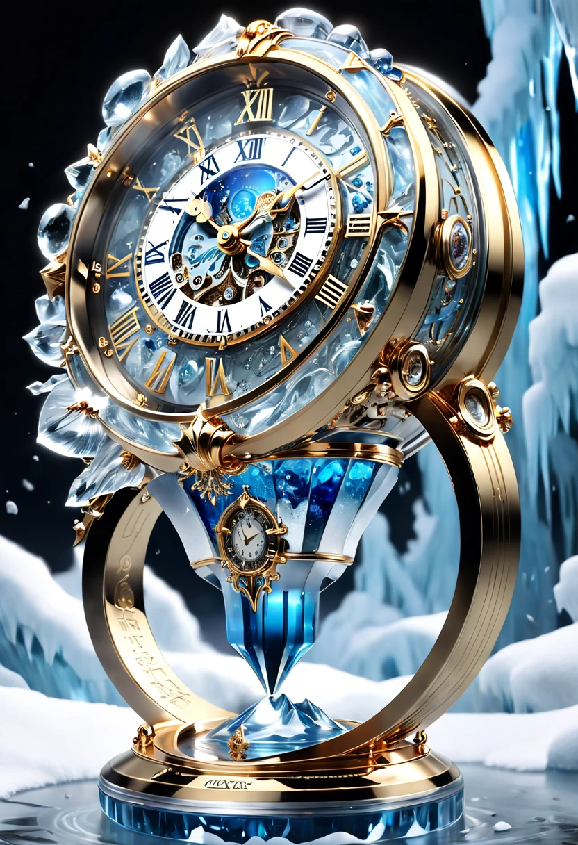 (8K, 16k, Award-winning, Highest quality, Highest resolution, Super detail, High detail, Anatomically correct, Masterpiece, Stunning beauty), (metal ring: 1.3), A smart clock inside an icicle , Smart Clock, delicate craftsmanship , Legendary Smart Clock, Rare and precious, Intricate details, Smart clocks are made of a metal called ice, There are no gemstones, (Ancient characters are engraved on the inside of the smart clock: 1.2), Impeccable, Platinum, White, Gold and silver, Trapped in a world of ice and snow.