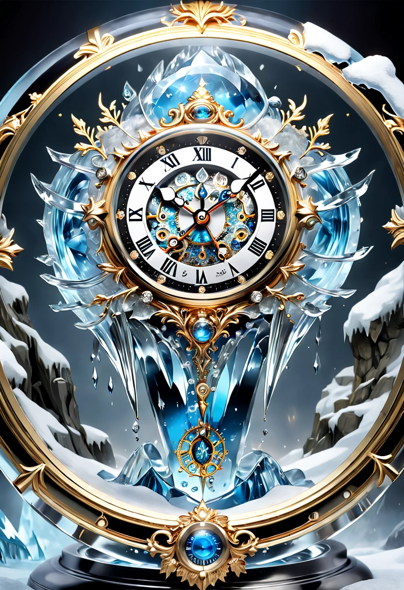 (8K, 16k, Award-winning, Highest quality, Highest resolution, Super detail, High detail, Anatomically correct, Masterpiece, Stunning beauty), (metal ring: 1.3), A smart clock inside an icicle , Smart Clock, delicate craftsmanship , Legendary Smart Clock, Rare and precious, Intricate details, Smart clocks are made of a metal called ice, There are no gemstones, (Ancient characters are engraved on the inside of the smart clock: 1.2), Impeccable, Platinum, White, Gold and silver, Trapped in a world of ice and snow.