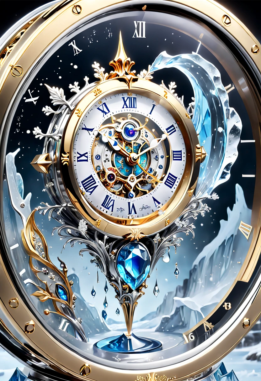 (8K, 16k, Award-winning, Highest quality, Highest resolution, Super detail, High detail, Anatomically correct, Masterpiece, Stunning beauty), (metal ring: 1.3), A smart clock inside an icicle , Smart Clock, delicate craftsmanship , Legendary Smart Clock, Rare and precious, Intricate details, Smart clocks are made of a metal called ice, There are no gemstones, (Ancient characters are engraved on the inside of the smart clock: 1.2), Impeccable, Platinum, White, Gold and silver, Trapped in a world of ice and snow.