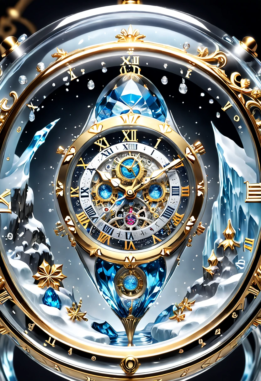 (8K, 16k, Award-winning, Highest quality, Highest resolution, Super detail, High detail, Anatomically correct, Masterpiece, Stunning beauty), (metal ring: 1.3), A smart clock inside an icicle , Smart Clock, delicate craftsmanship , Legendary Smart Clock, Rare and precious, Intricate details, Smart clocks are made of a metal called ice, There are no gemstones, (Ancient characters are engraved on the inside of the smart clock: 1.2), Impeccable, Platinum, White, Gold and silver, Trapped in a world of ice and snow.