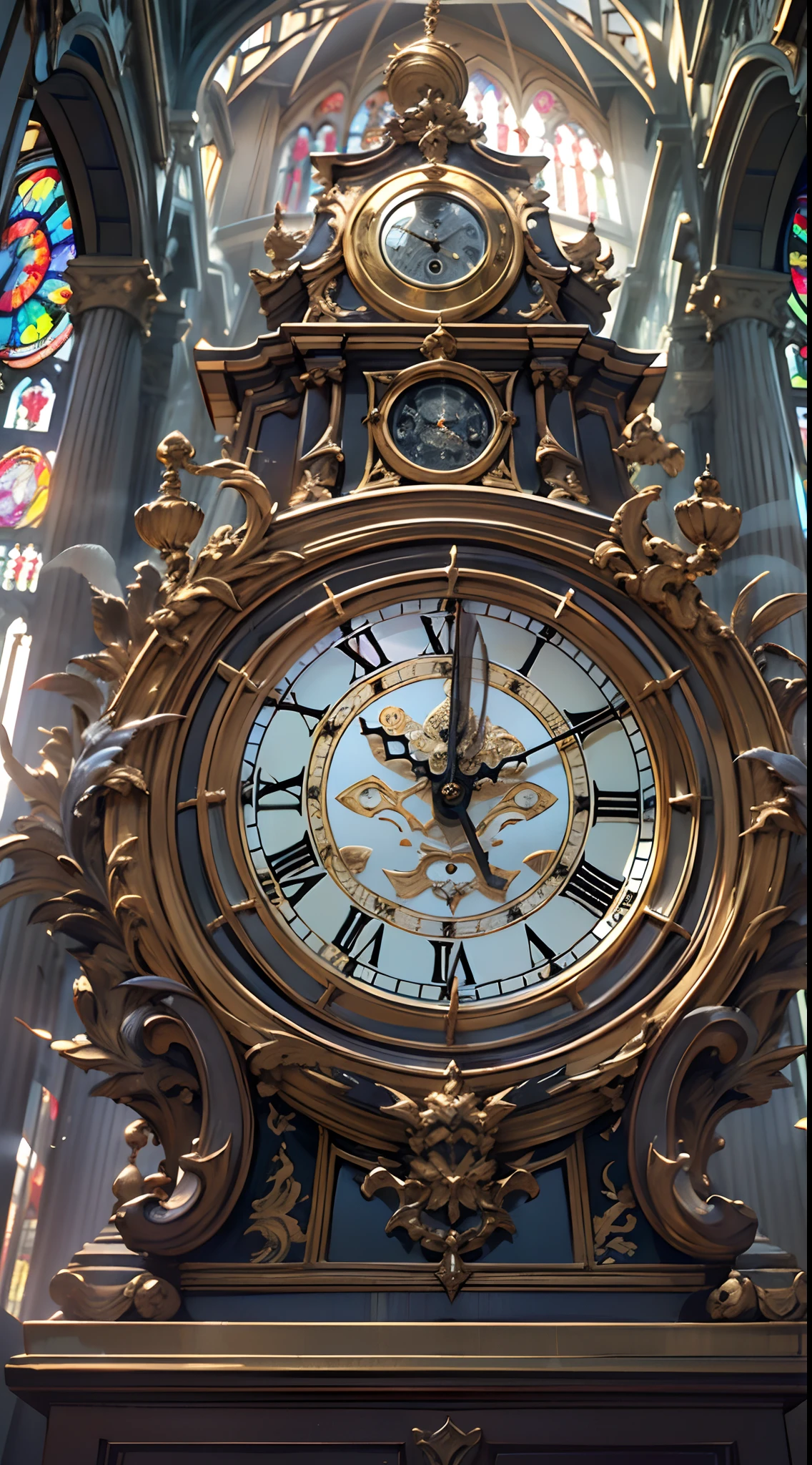 Nick Vesey（Nick Vizzy）style of，（（Huge grandfather's clock）），（（Angel base）），Panorama like，extreme hight detail，Real light，super-fine，Hyper-realistic，Ultra photo realsisim，tmasterpiece，8K，on focus，Bokeh，Detailed pubic hair，Hyper-detailing，high qulity，High definition，dynamic viewing angle