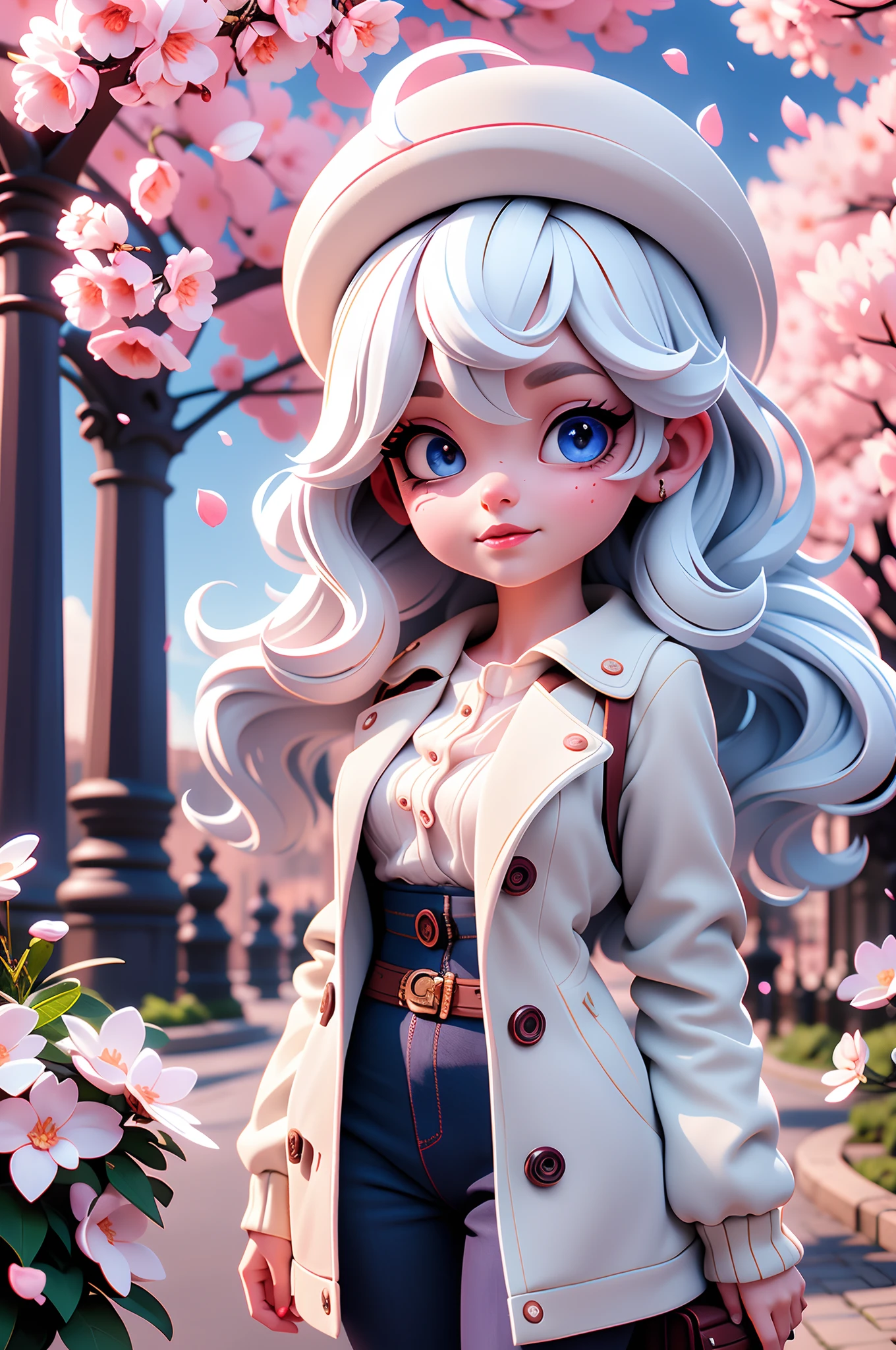 painting of the Eiffel tower, Cherry blossoms around Eiffel tower, vampire college student Cherry in Paris, white hair, blue eyes, sunkissed street pathway, beautiful art, uhd 4k, an exquisite illustration, gorgeous digital painting, highly detailed digital painting, very detailed digital painting, rich picturesque colors
