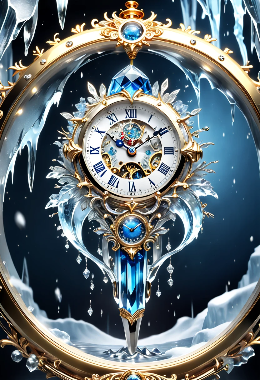 (8K, 16k, Award-winning, Highest quality, Highest resolution, Super detail, High detail, Anatomically correct, Masterpiece, Stunning beauty), (metal ring: 1.3), A smart clock inside an icicle , Smart Clock, delicate craftsmanship , Legendary Smart Clock, Rare and precious, Intricate details, Smart clocks are made of a metal called ice, There are no gemstones, (Ancient characters are engraved on the inside of the smart clock: 1.2), Impeccable, Platinum, White, Gold and silver, Trapped in a world of ice and snow.