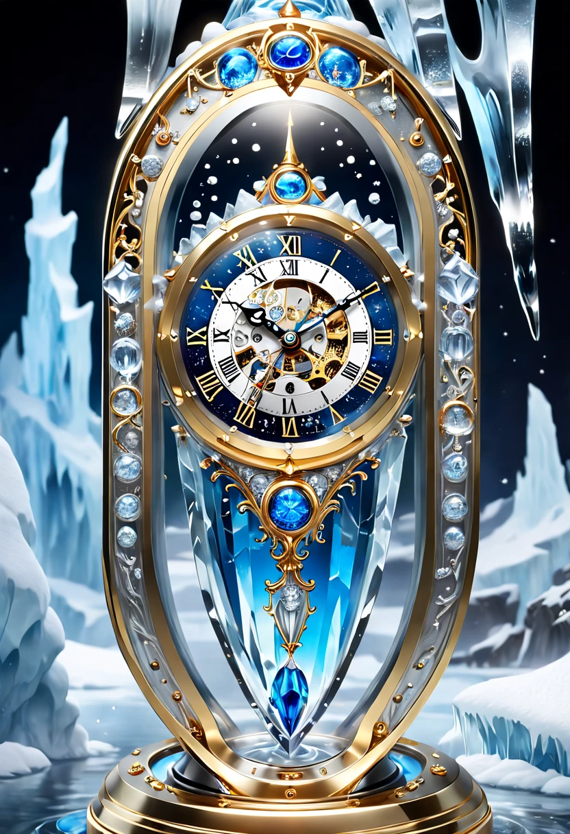 (8K, 16k, Award-winning, Highest quality, Highest resolution, Super detail, High detail, Anatomically correct, Masterpiece, Stunning beauty), (metal ring: 1.3), A smart clock inside an icicle , Smart Clock, delicate craftsmanship , Legendary Smart Clock, Rare and precious, Intricate details, Smart clocks are made of a metal called ice, There are no gemstones, (Ancient characters are engraved on the inside of the smart clock: 1.2), Impeccable, Platinum, White, Gold and silver, Trapped in a world of ice and snow.