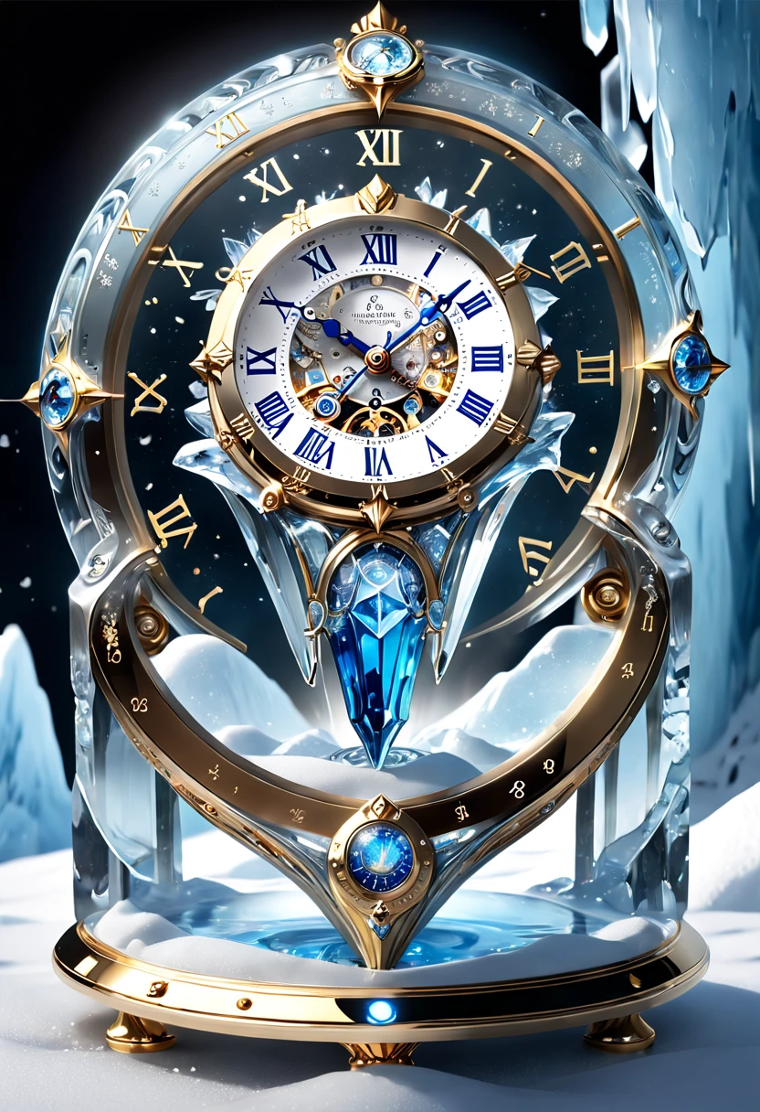 (8K, 16k, Award-winning, Highest quality, Highest resolution, Super detail, High detail, Anatomically correct, Masterpiece, Stunning beauty), (metal ring: 1.3), A smart clock inside an icicle , Smart Clock, delicate craftsmanship , Legendary Smart Clock, Rare and precious, Intricate details, Smart clocks are made of a metal called ice, There are no gemstones, (Ancient characters are engraved on the inside of the smart clock: 1.2), Impeccable, Platinum, White, Gold and silver, Trapped in a world of ice and snow.