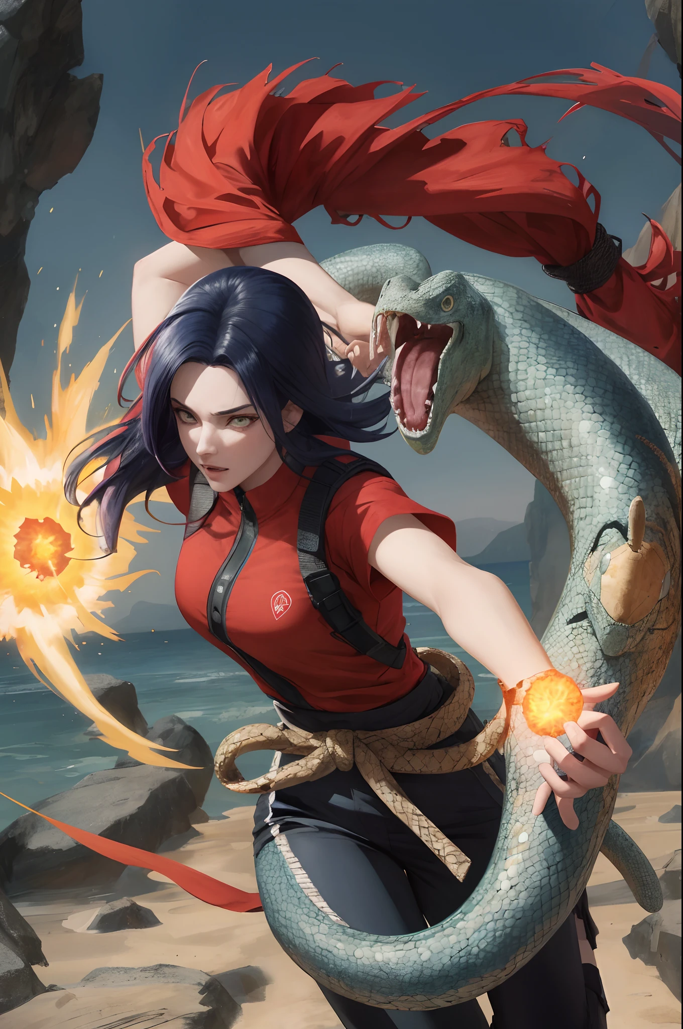 naruto shippuden screencap, Only a single person in the image, muler ninja, Woman fighting a single giant snake, The giant snake is blue. The woman has her back to the viewer, The giant snake is facing the viewer, The woman is wearing a red shirt and black shorts in the style of the Naruto-Shippuden anime, a mulher tem cabelo azul escuro, Woman is holding a kunai in her right hand, The woman is throwing a fireball with her left hand