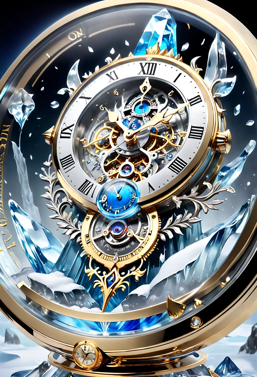 (8K, 16k, Award-winning, Highest quality, Highest resolution, Super detail, High detail, Anatomically correct, Masterpiece, Stunning beauty), (metal ring: 1.3), A smart clock inside an icicle , Smart Clock, delicate craftsmanship , Legendary Smart Clock, Rare and precious, Intricate details, Smart clocks are made of a metal called ice, There are no gemstones, (Ancient characters are engraved on the inside of the smart clock: 1.2), Impeccable, Platinum, White, Gold and silver, Trapped in a world of ice and snow.