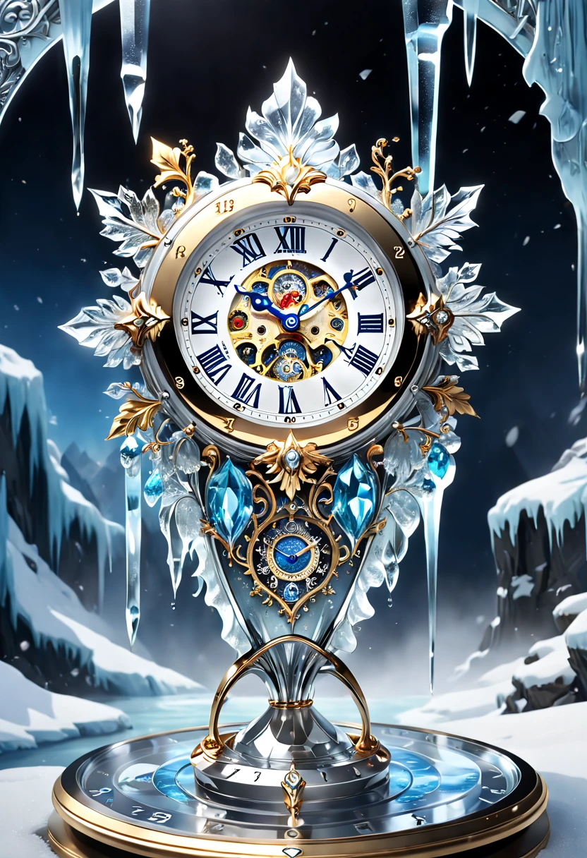 (8K, 16k, Award-winning, Highest quality, Highest resolution, Super detail, High detail, Anatomically correct, Masterpiece, Stunning beauty), (metal ring: 1.3), A smart clock inside an icicle , Smart Clock, delicate craftsmanship , Legendary Smart Clock, Rare and precious, Intricate details, Smart clocks are made of a metal called ice, There are no gemstones, (Ancient characters are engraved on the inside of the smart clock: 1.2), Impeccable, Platinum, White, Gold and silver, Trapped in a world of ice and snow.