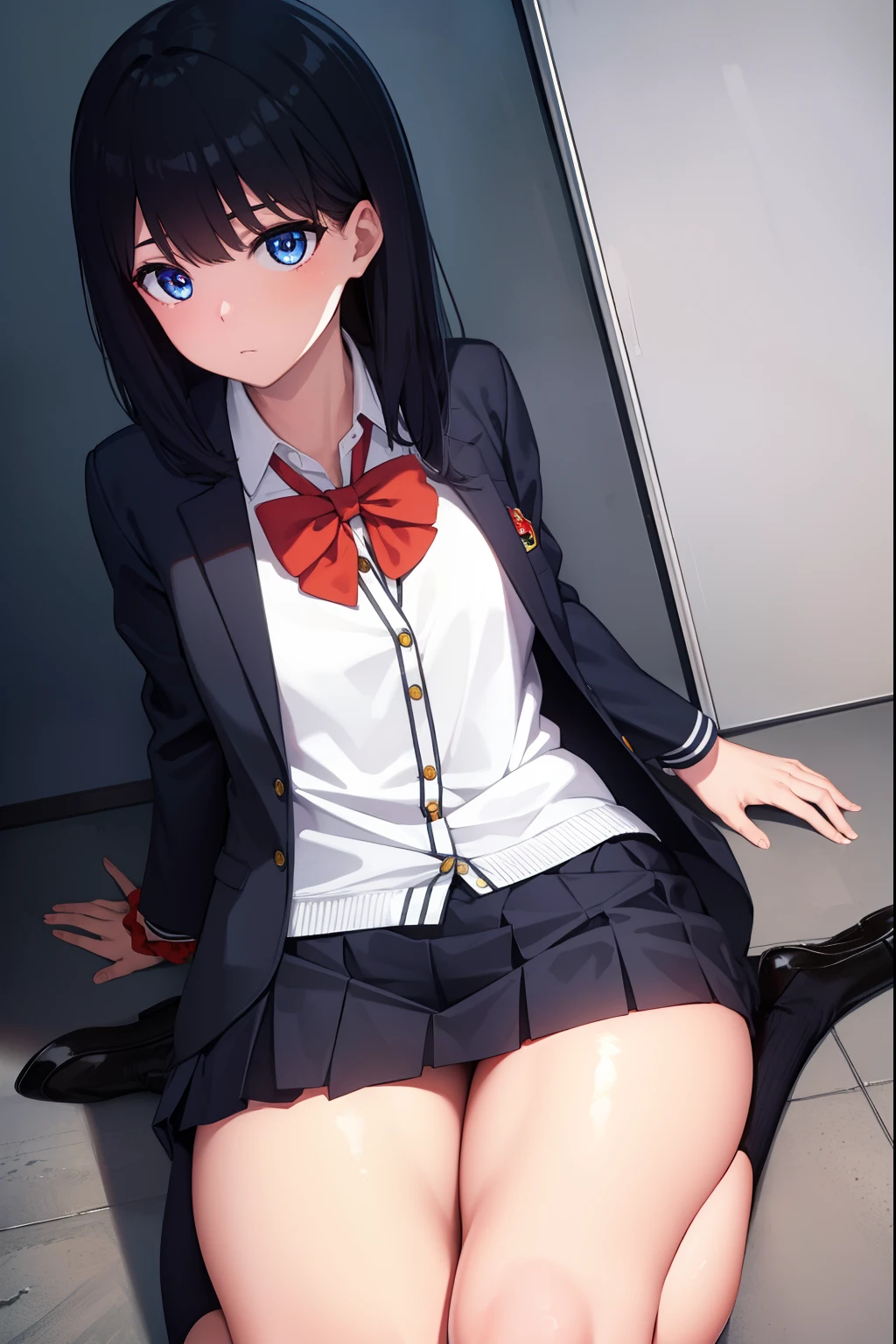 rikkatakarada, rikka takarada, black hair, blue eyes, long hair, orange scrunchie, scrunchie, wrist scrunchie
BREAK black footwear, black skirt, bow, bowtie, buttons, cardigan, collared shirt, long sleeves, microskirt, pleated skirt, red bow, red bowtie, red socks, school uniform, shirt, shoes, skirt, socks, thighs, white cardigan, white shirt,,
BREAK outdoors, city,
BREAK looking at viewer, BREAK (masterpiece:1.2), best quality, high resolution, unity 8k wallpaper, (illustration:0.8), (beautiful detailed eyes:1.6), extremely detailed face, perfect lighting, extremely detailed CG, (perfect hands, perfect anatomy),