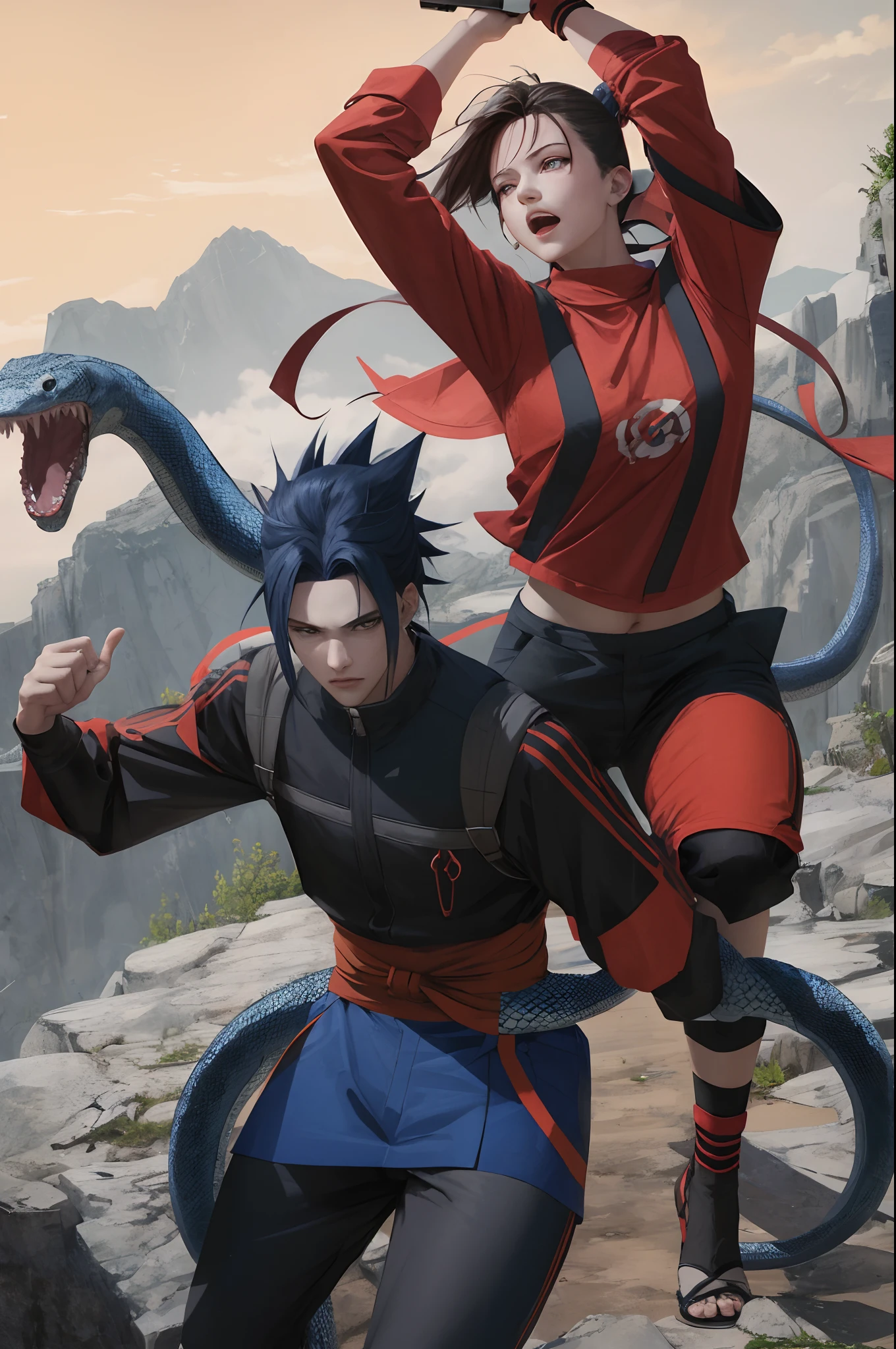 naruto shippuden screencap, Only a single person in the image, muler ninja, Woman fighting a single giant snake, The giant snake is blue. The woman has her back to the viewer, The giant snake is facing the viewer, The woman is wearing a red shirt and black shorts in the style of the Naruto-Shippuden anime, a mulher tem cabelo azul escuro, Woman is holding a kunai in her right hand, The woman is throwing a fireball with her left hand