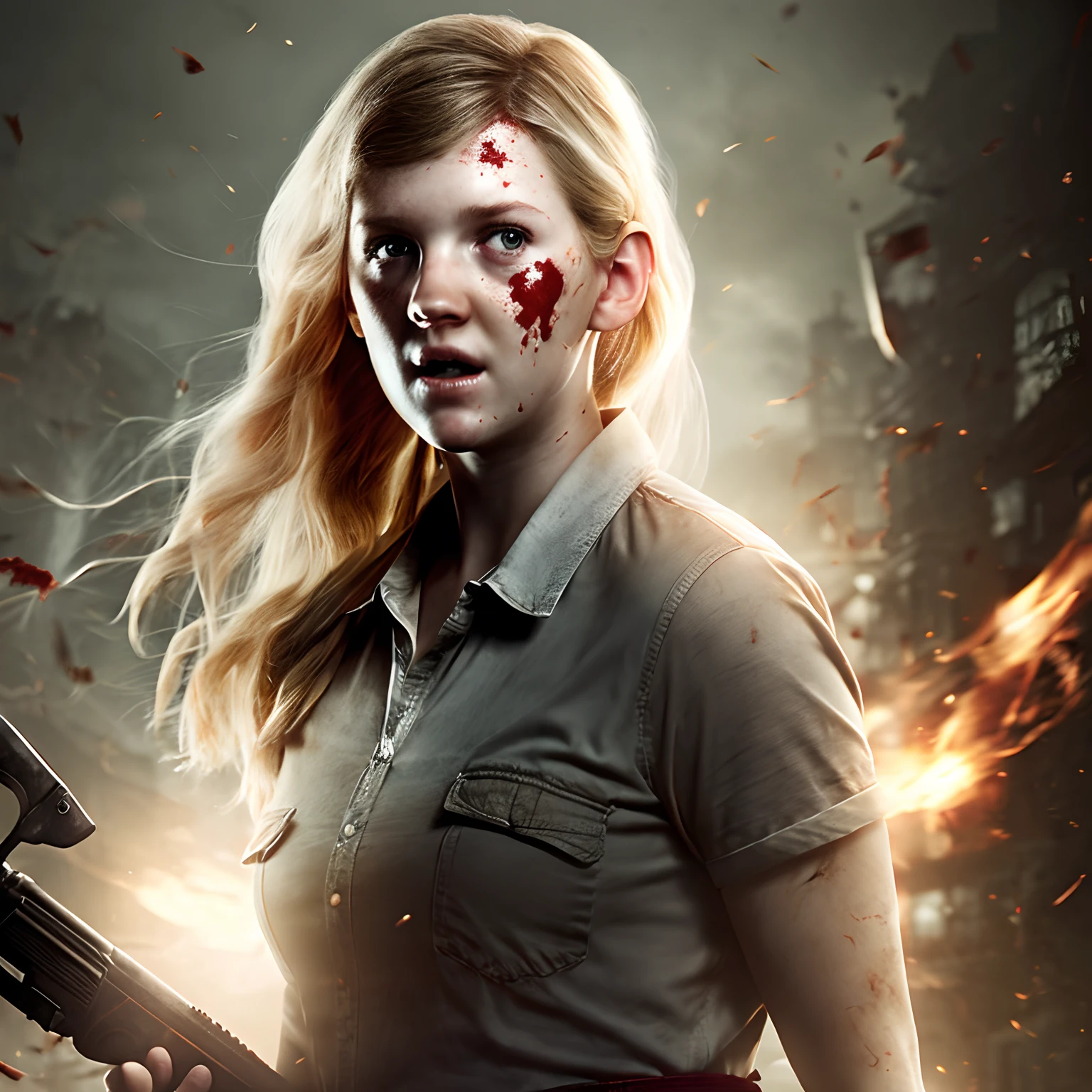 (masterpiece, best quality:1.2), ((RAW photo, Best quality)), (Realistic, photo-realistic:1.2) a evil zombie, blond, hottinig, horror, creepy, night, ((White eyes)). Horror, creepy, night, (((White eyes))), angry. ((Pale or greenish skin)), wounds, empty eyes, torn clothes, slow movements, guttural noises, aggressive and cannibalistic behavior. Cinematic lighting.